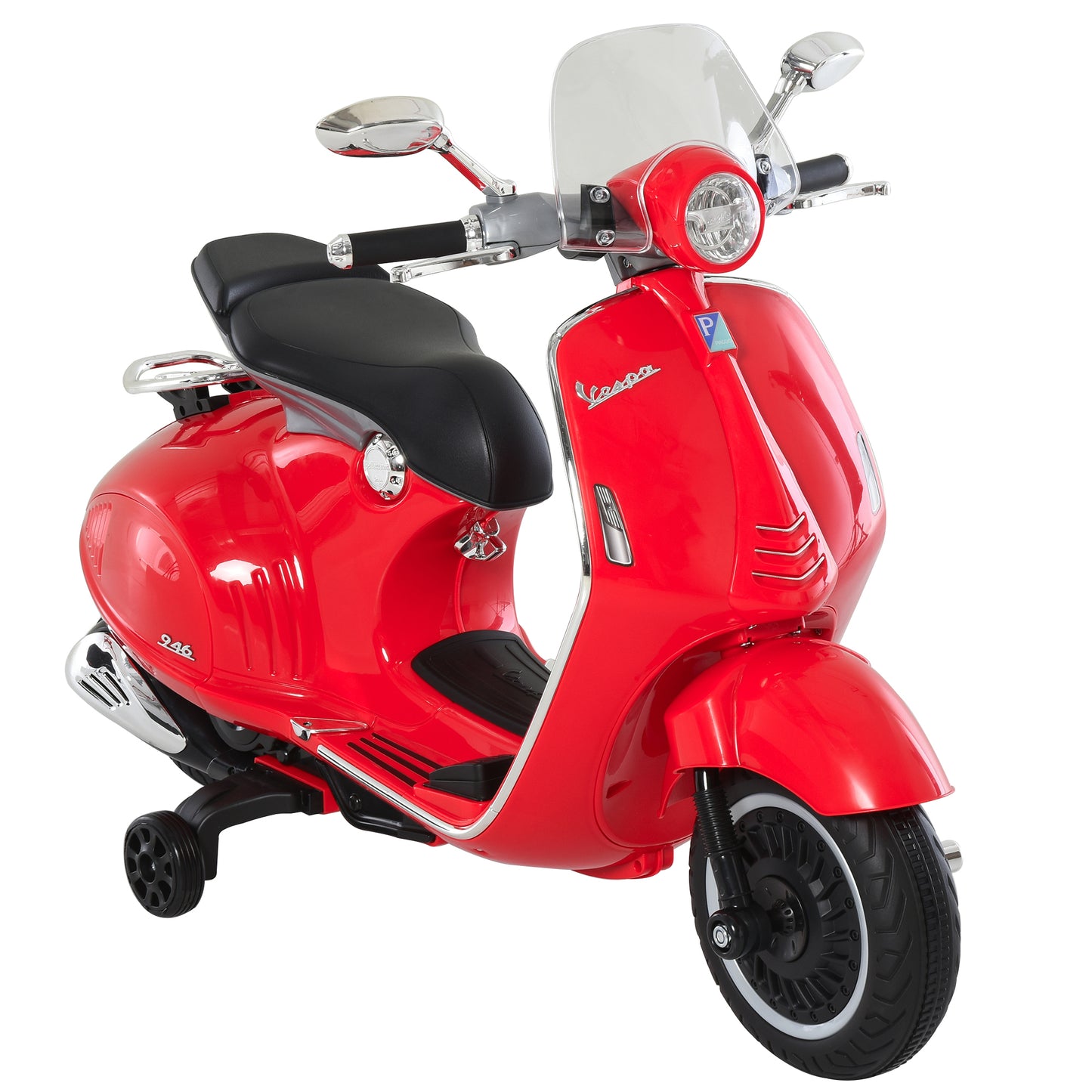 HOMCOM Moto Eléctrica para Niños de 3-6 Años Moto de Batería Autorizada de VESPA con Faros Música 2 Ruedas Auxiliares 108x49x75 cm Rojo