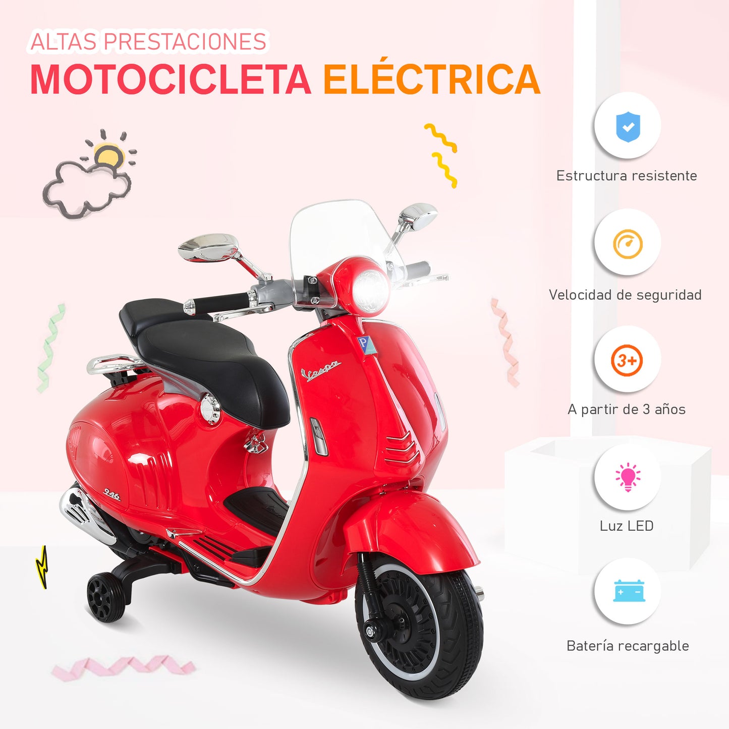 HOMCOM Moto Eléctrica para Niños de 3-6 Años Moto de Batería Autorizada de VESPA con Faros Música 2 Ruedas Auxiliares 108x49x75 cm Rojo