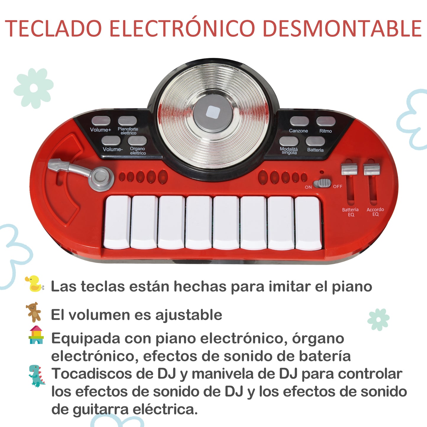 HOMCOM Batería Infantil con Taburete Micrófono Platos Baquetas Teclado y Varios Efectos de DJ Instrumento Musical para Niños +3 Años 77,5x40x76,5 cm Rojo