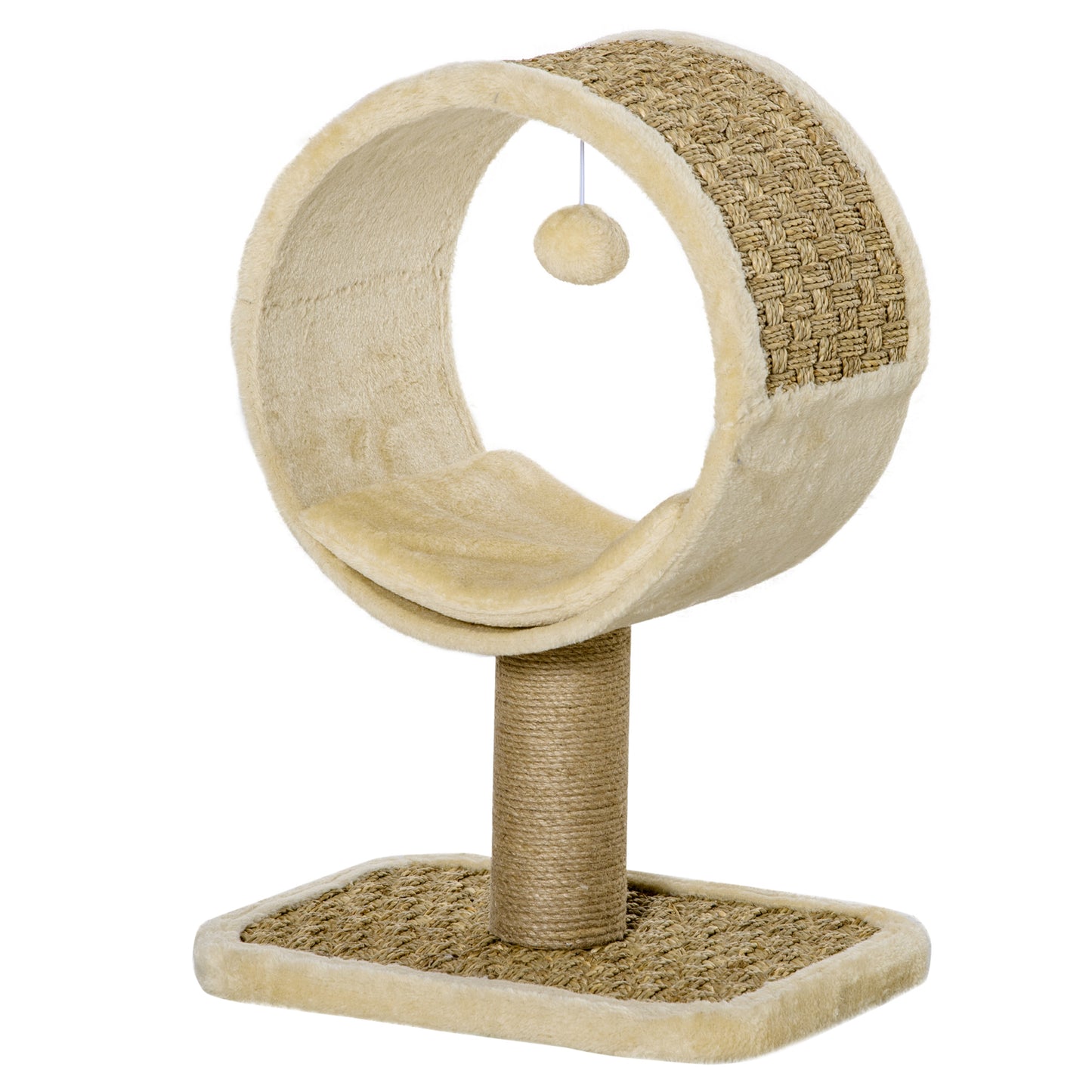 PawHut Árbol para Gatos 40x30x56 cm Ø32cm Torre de Rascado de Gato con Túnel Superior Poste Rascador de Yute Natural Cojín Extraíble y Juguete Colgante Beige