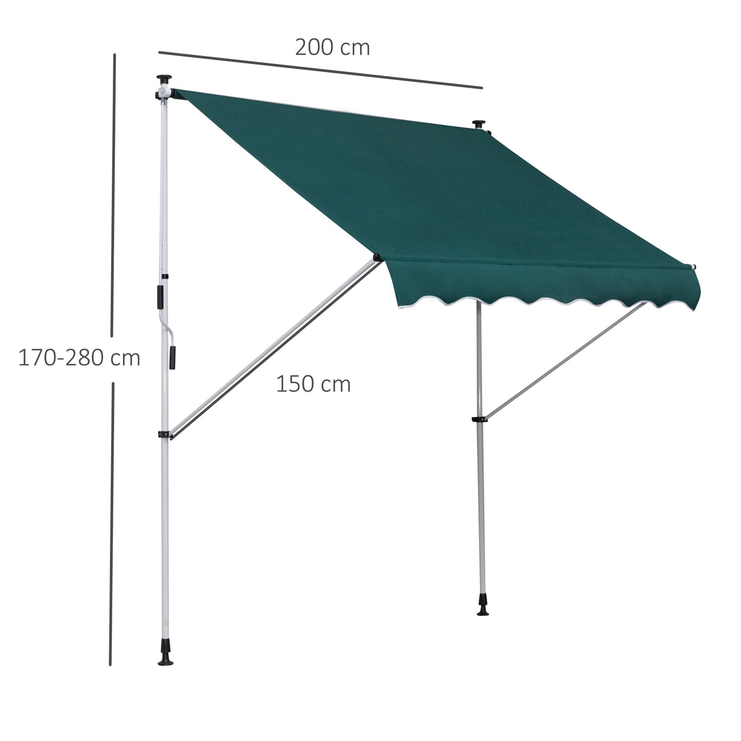 Outsunny Toldo Manual Retráctil 200x150x170-280 cm Toldo para Balcón con Altura Ajustable Manivela y Protección Solar para Terraza Jardín Verde