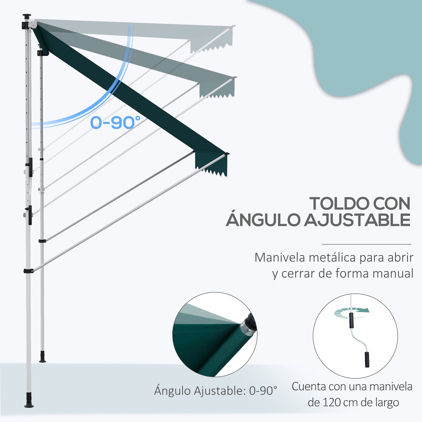 Outsunny Toldo Manual Retráctil 200x150x170-280 cm Toldo para Balcón con Altura Ajustable Manivela y Protección Solar para Terraza Jardín Verde