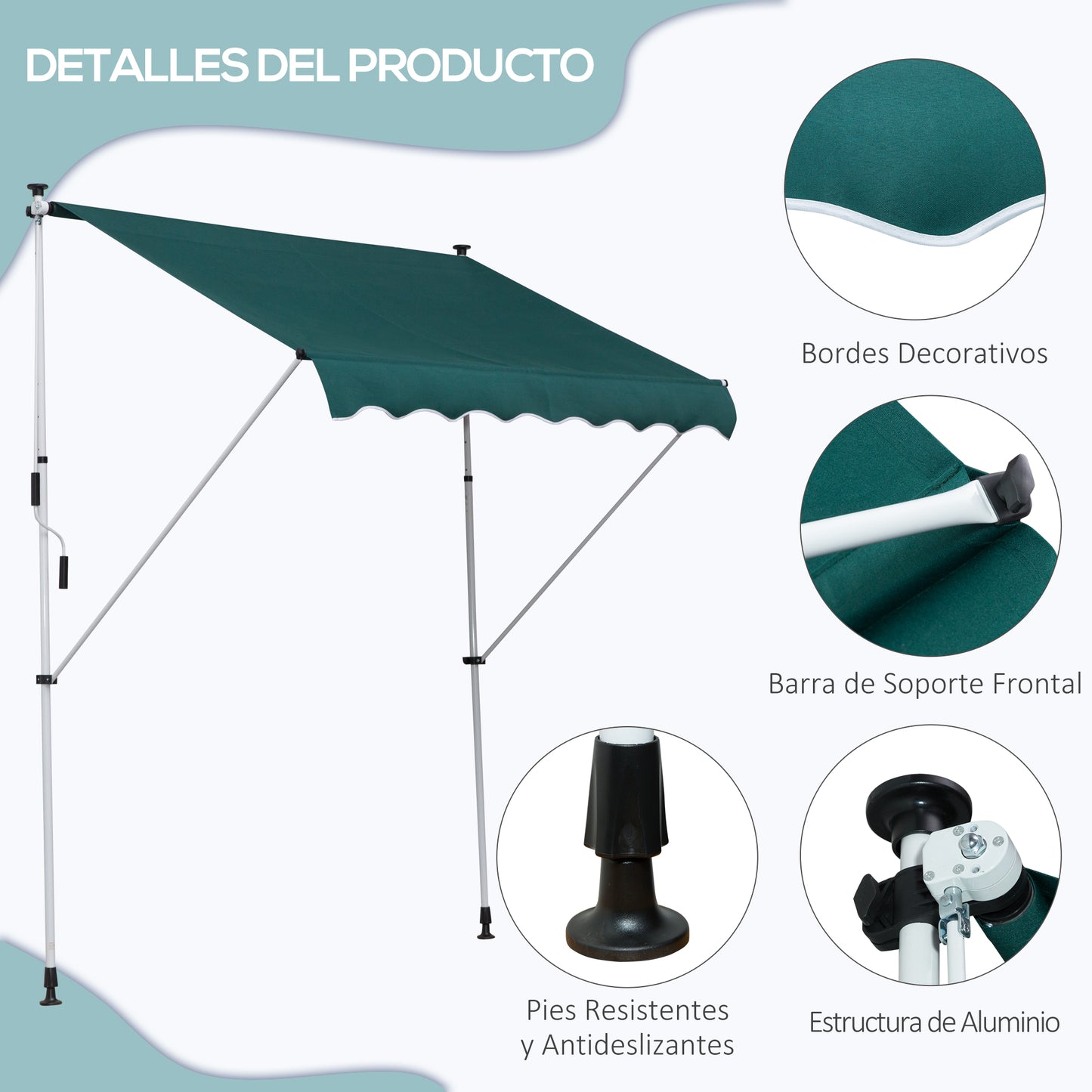 Outsunny Toldo Manual Retráctil 200x150x170-280 cm Toldo para Balcón con Altura Ajustable Manivela y Protección Solar para Terraza Jardín Verde