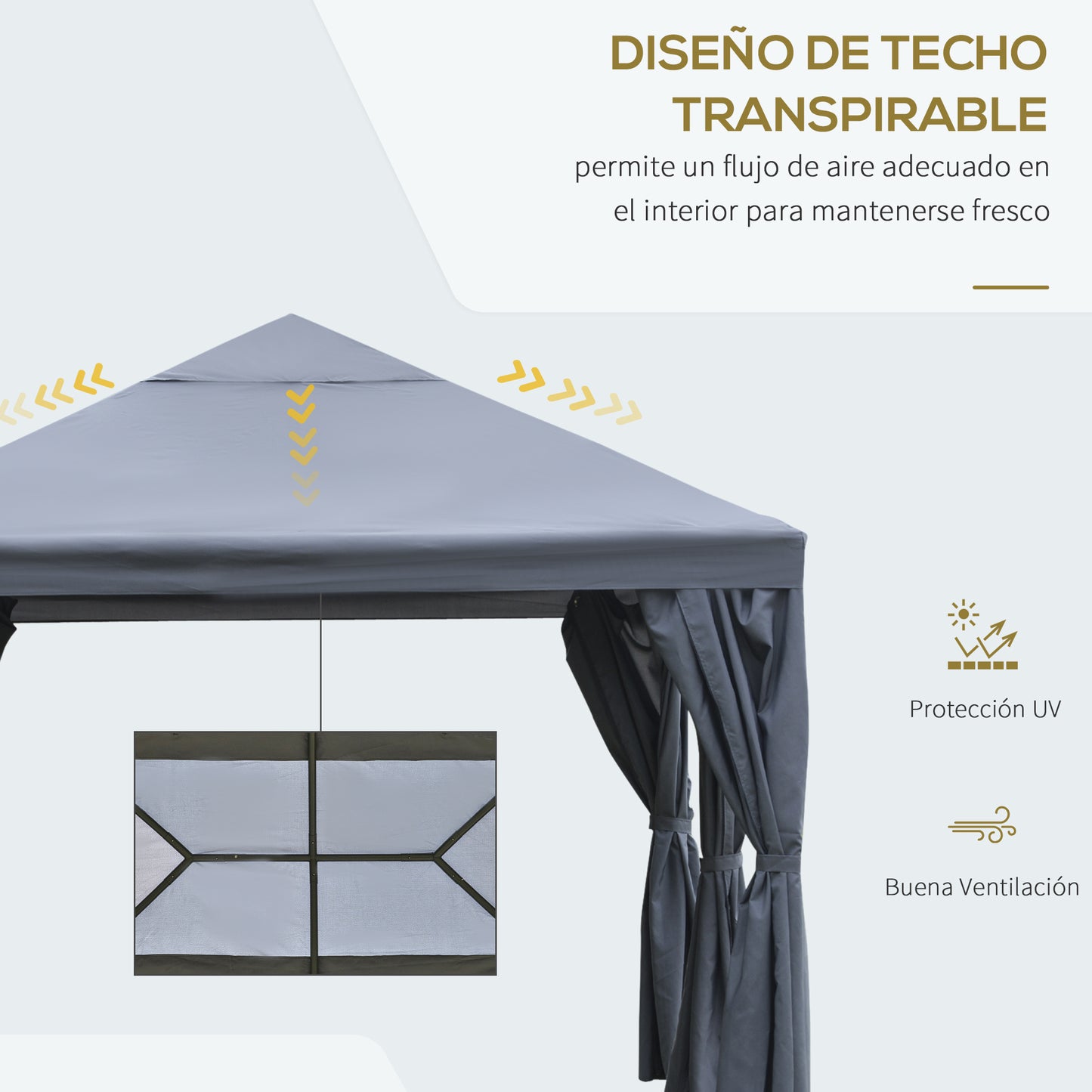 Outsunny Cenador de Jardín 4x3 m Carpa con 6 Cortinas de Cremallera Techo Ventilación Anti-UV para Fiesta Reuniones al Aire Libre Gris