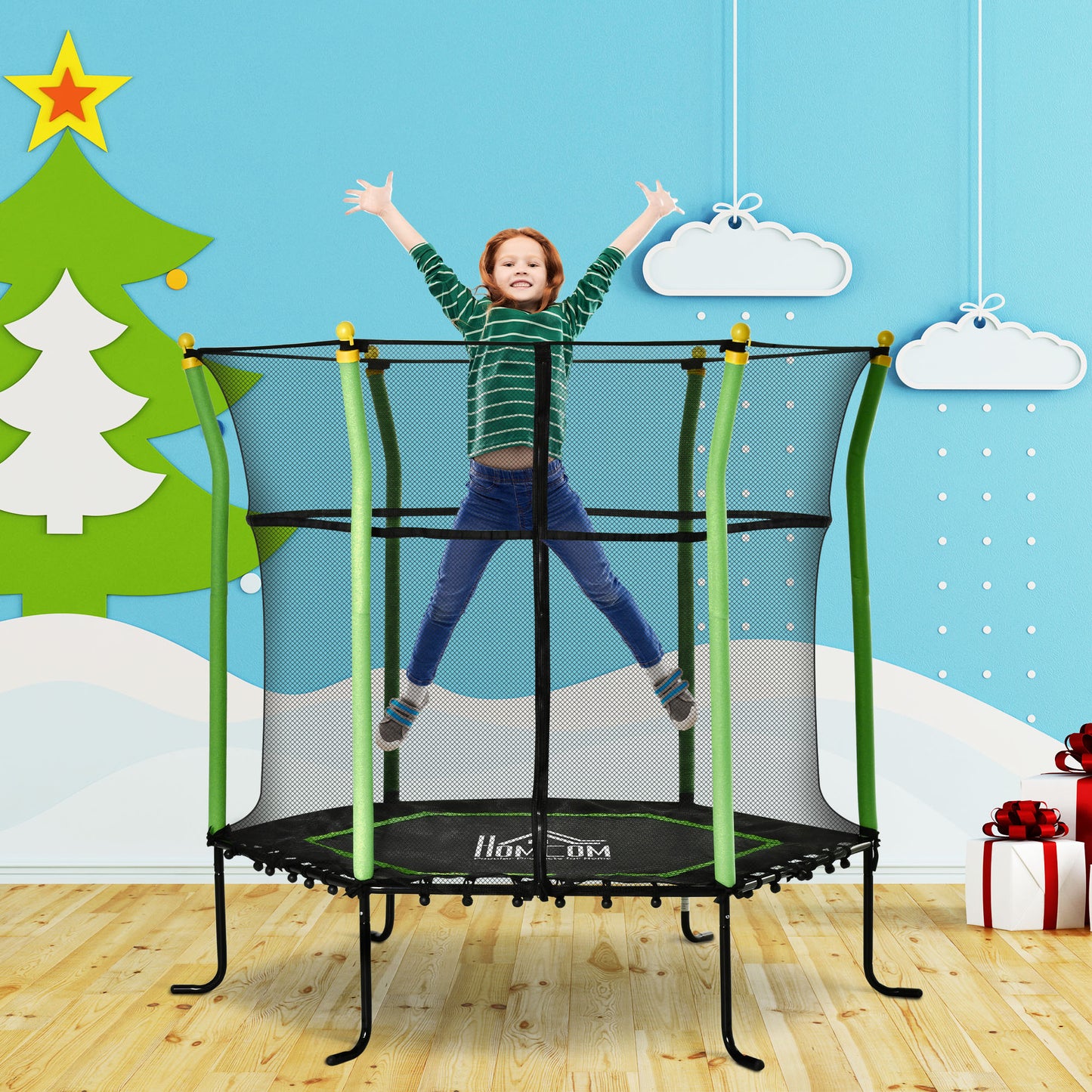 HOMCOM Cama Elástica Infantil de Jardín Ø160x163,5 cm Trampolín para Niños de +3 Años con Red de Seguridad Acero para Interior Exterior Carga 50 kg Negro y Verde