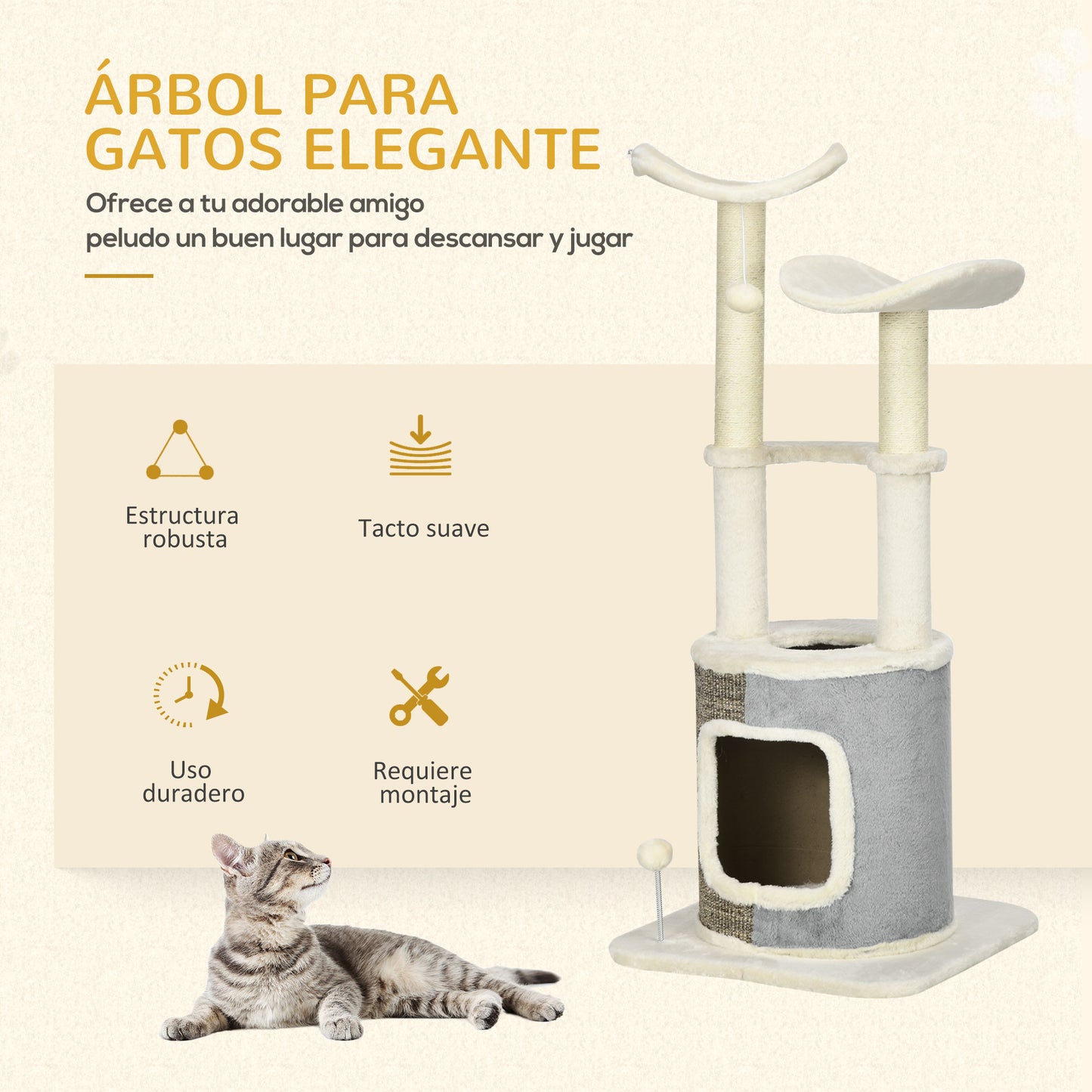 PawHut Árbol Rascador para Gatos Torre para Gatos Altura 110 cm con Caseta de Felpa Plataformas Postes de Sisal y Pelotas de Juguete 48x48x110 cm Crema y Gris