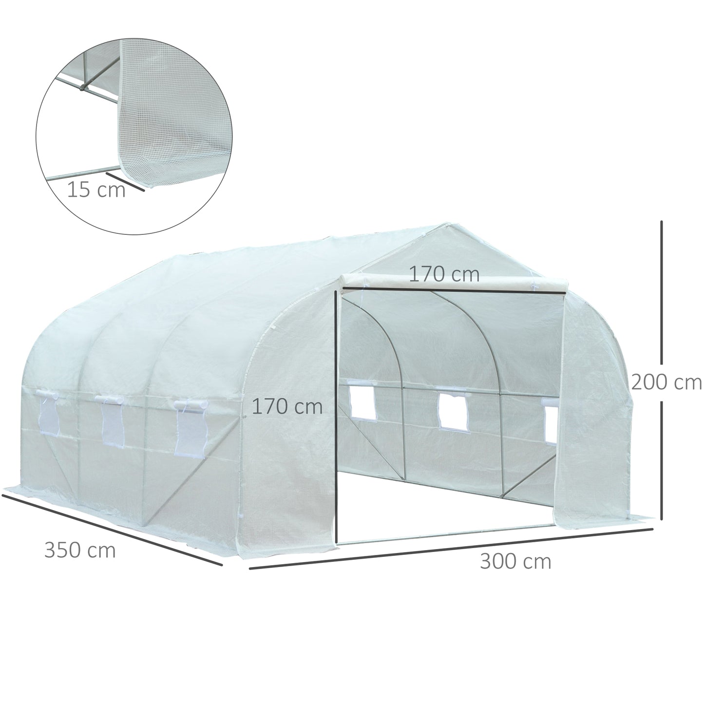 Outsunny Invernadero de Túnel 3,5x3x2 m Invernadero de Jardín con 6 Ventanas y Cubierta de Polietileno PE 140 g/m² para Plantas Flores Verduras en Patio Blanco