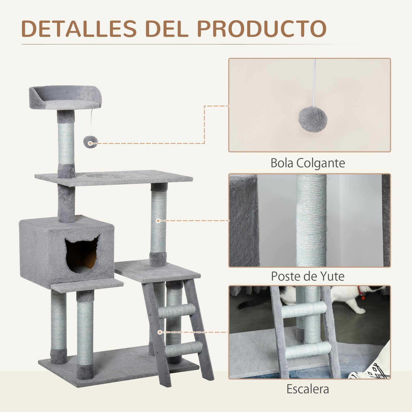 PawHut Árbol Rascador para Gatos Grande Altura 124 cm Torre de Escalada con Plataformas Escalera Cueva Postes de Yute y Bola Colgante Juego y Descanso 60,5x40x124 cm Gris