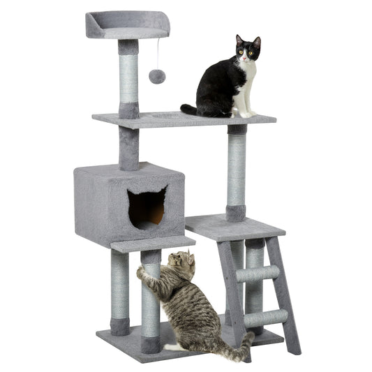 PawHut Árbol Rascador para Gatos Grande Altura 124 cm Torre de Escalada con Plataformas Escalera Cueva Postes de Yute y Bola Colgante Juego y Descanso 60,5x40x124 cm Gris