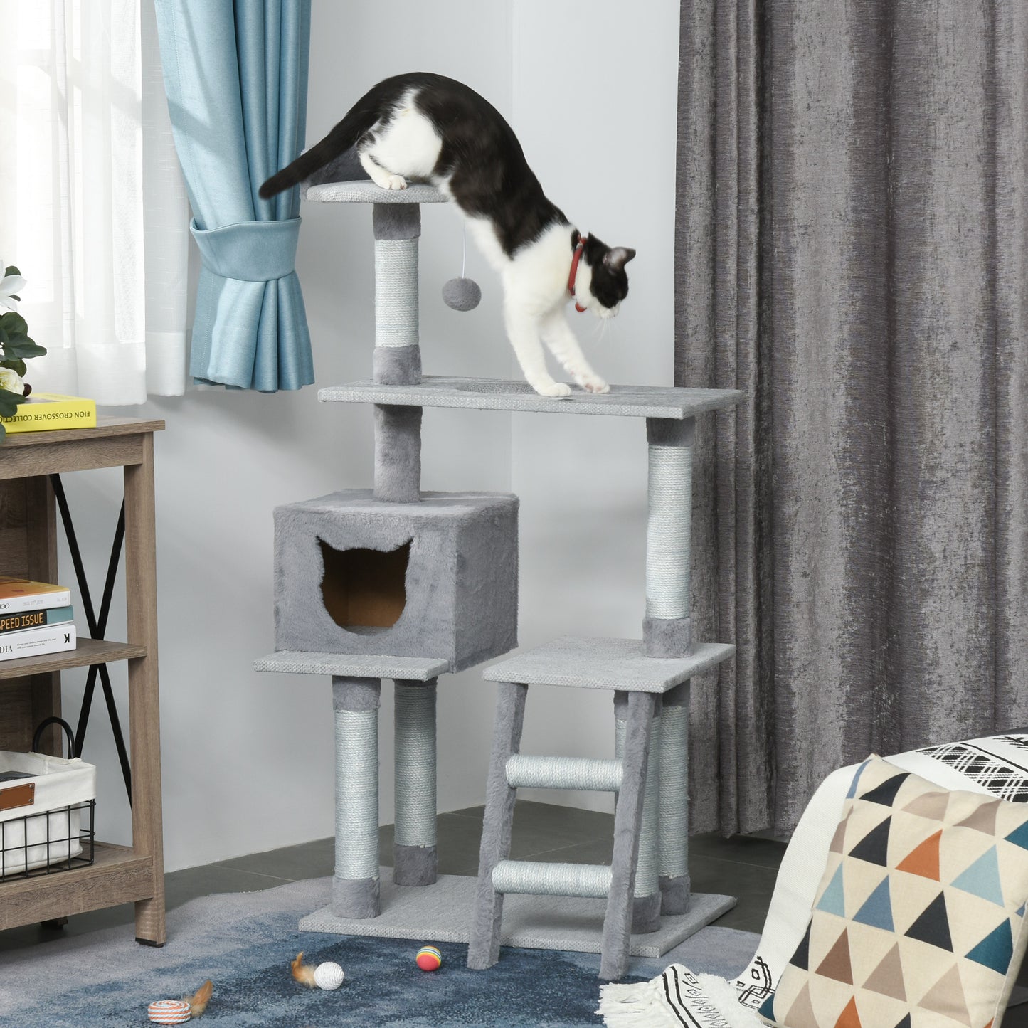 PawHut Árbol Rascador para Gatos Grande Altura 124 cm Torre de Escalada con Plataformas Escalera Cueva Postes de Yute y Bola Colgante Juego y Descanso 60,5x40x124 cm Gris