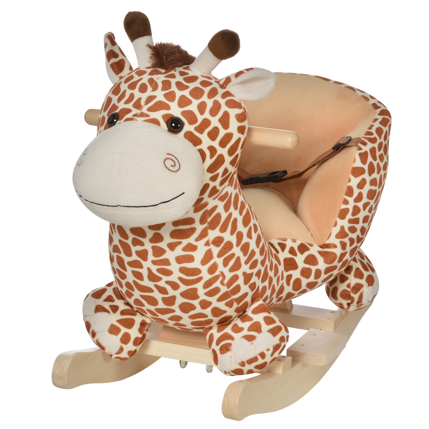 HOMCOM Caballito Balancín Bebé +18 Meses Balancín Peluche Madera con 32 Canciones Cinturón de Seguridad Girafa de Peluche 60x33x45cm