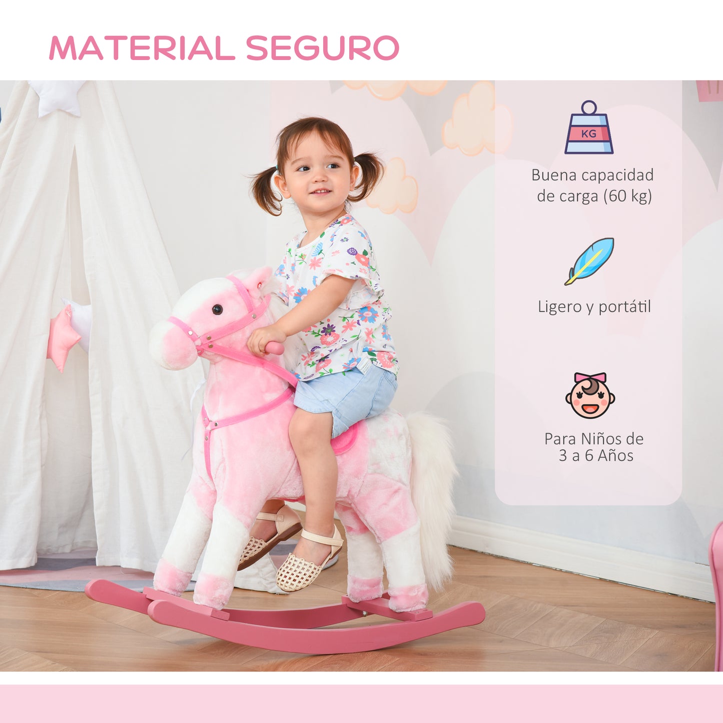 HOMCOM Caballito Balancín de Felpa Suave para Niños de 3-6 Años con Sonidos de Relincho 74x28x65 cm Rosa