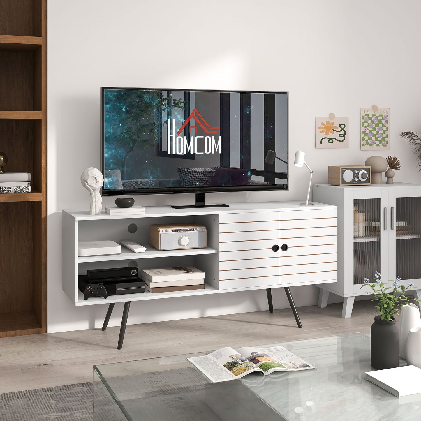 HOMCOM Mueble de TV para Salón Mesa para Televisores de 65 Pulgadas Mueble para TV Moderno con 2 Estantes Abiertos y 1 Estante Ajustable 145x38x65 cm Blanco