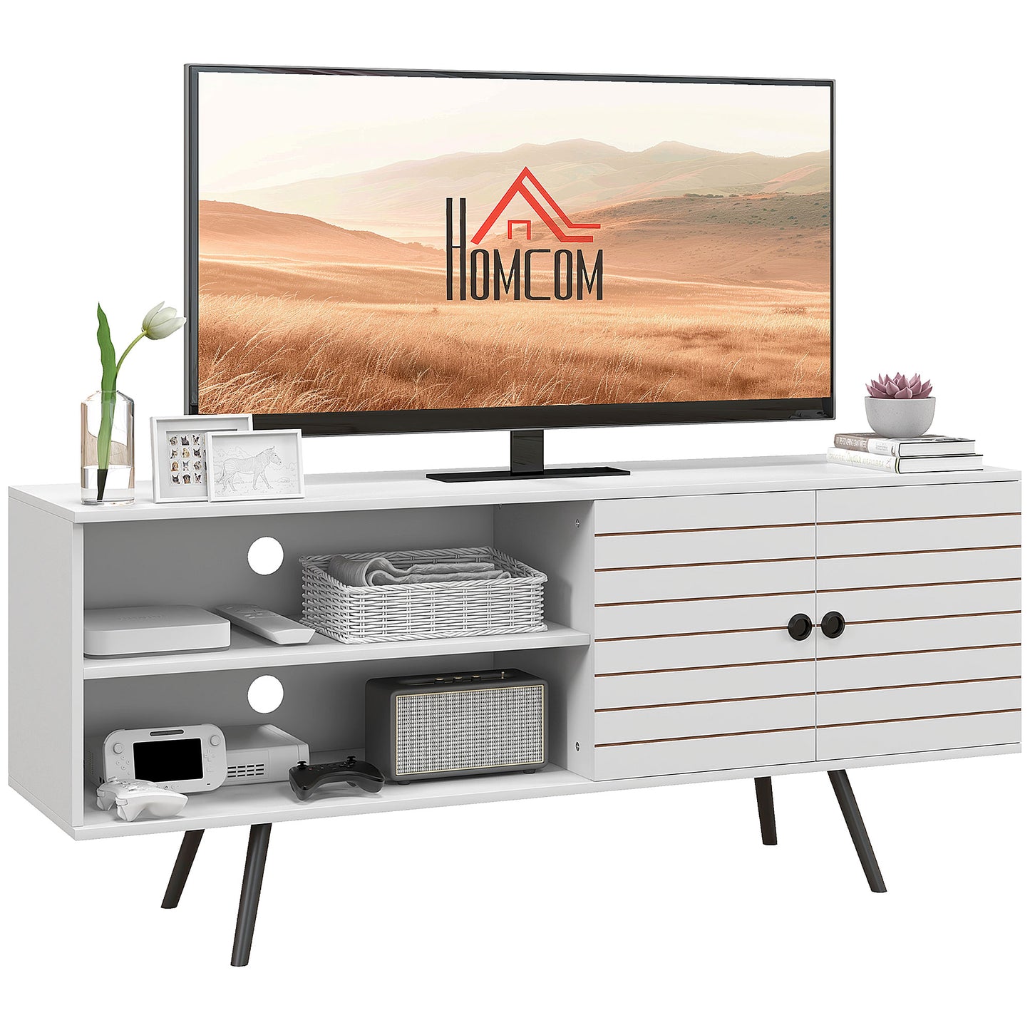 HOMCOM Mueble de TV para Salón Mesa para Televisores de 65 Pulgadas Mueble para TV Moderno con 2 Estantes Abiertos y 1 Estante Ajustable 145x38x65 cm Blanco