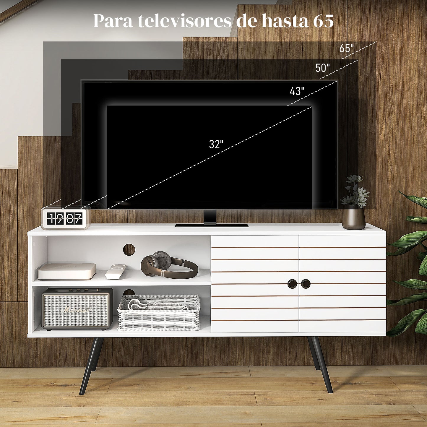 HOMCOM Mueble de TV para Salón Mesa para Televisores de 65 Pulgadas Mueble para TV Moderno con 2 Estantes Abiertos y 1 Estante Ajustable 145x38x65 cm Blanco