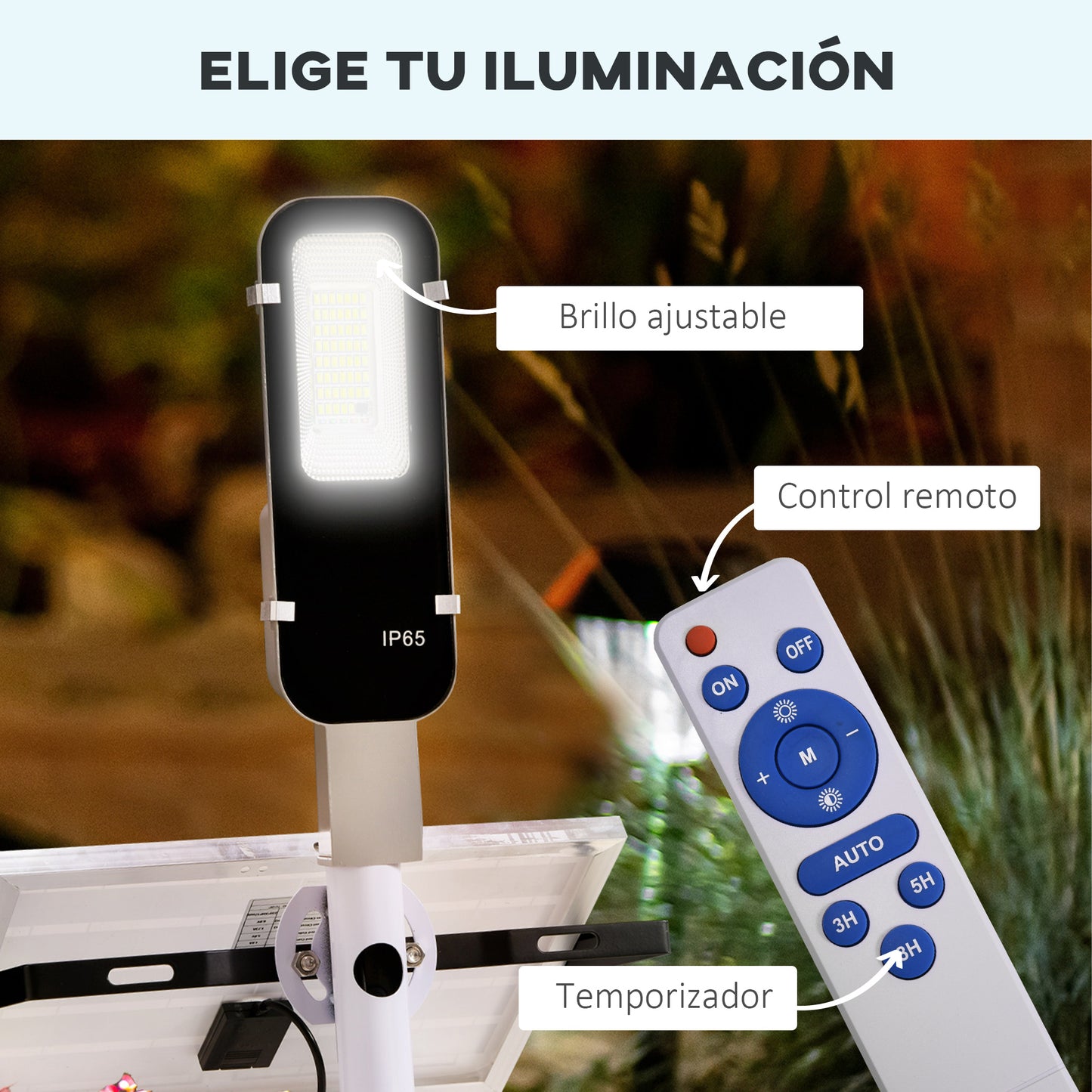 Outsunny Luz Solar Exterior con 54 LED Farolas Solares Exterior de Aluminio IP65 Impermeable con Iluminación Blanca Fría y Mando a Distancia para Jardín Patio Camino 68x37x16 cm Plata