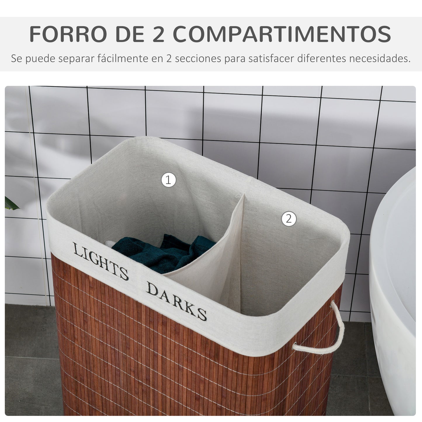 HOMCOM Cesto para Ropa Sucia de Bambú Capacidad de 100L Cesta para la Colada Rectangular con Tapa Extraíble Bolsa de 2 Compartimentos 52x32x63 cm Marrón