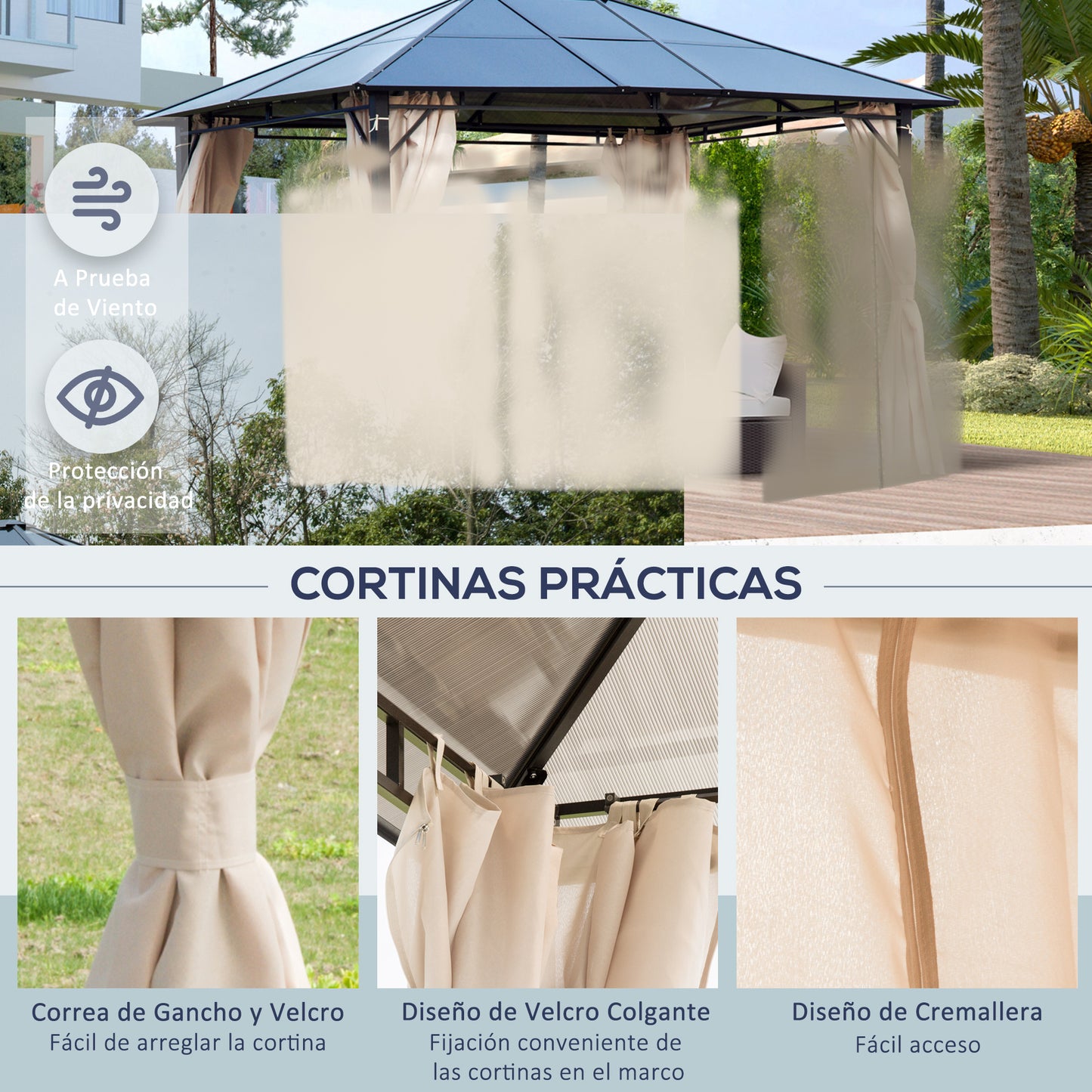 Outsunny Cenador de Jardín 3,65x3 m Pabellón de Acero con Techo de Policarbonato de 6 mm Protección UV 50+ y 4 Cortinas Laterales de Cremallera Gazebo para Fiestas Beige