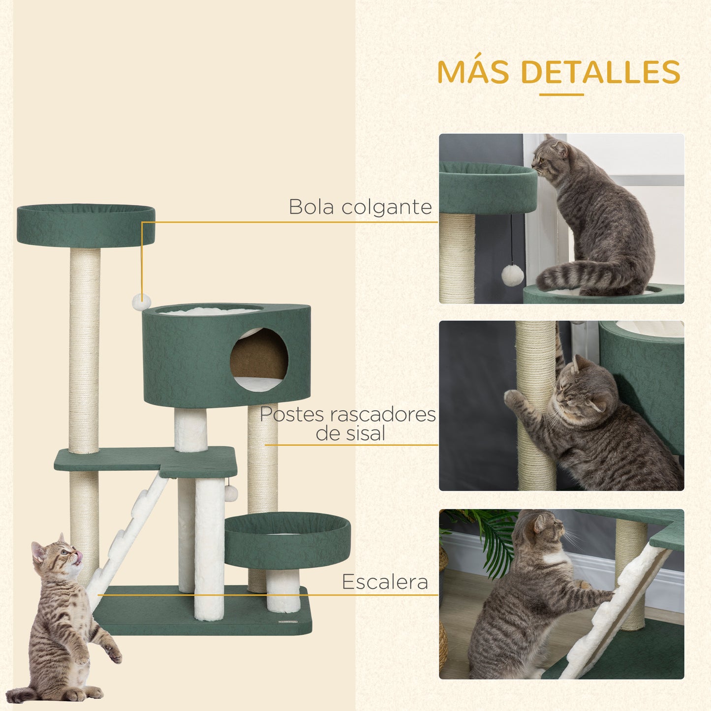 PawHut Árbol Rascador para Gatos Altura 114 cm Torre para Gatos con 2 Camas Cueva Hamaca Plataforma Escalera Bolas Colgantes y Postes de Sisal 70x50x114 cm Verde