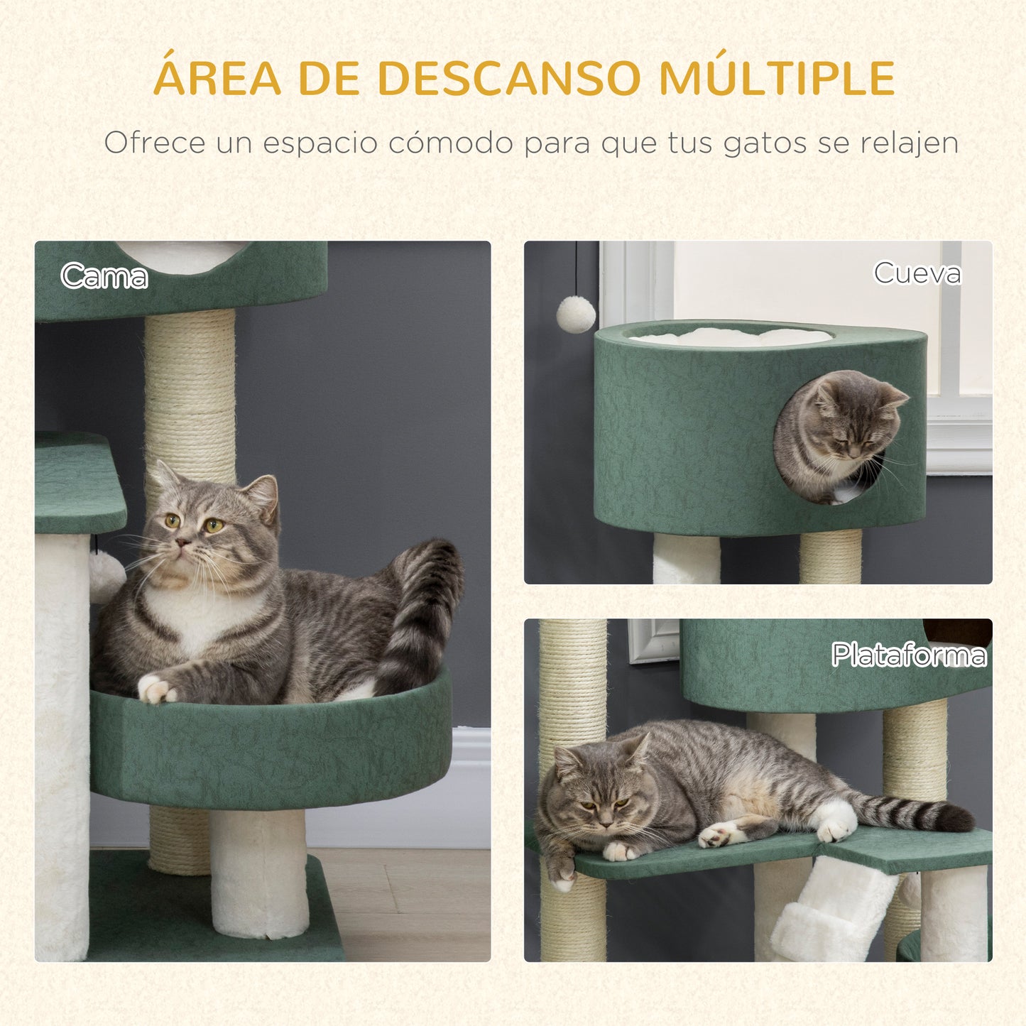 PawHut Árbol Rascador para Gatos Altura 114 cm Torre para Gatos con 2 Camas Cueva Hamaca Plataforma Escalera Bolas Colgantes y Postes de Sisal 70x50x114 cm Verde