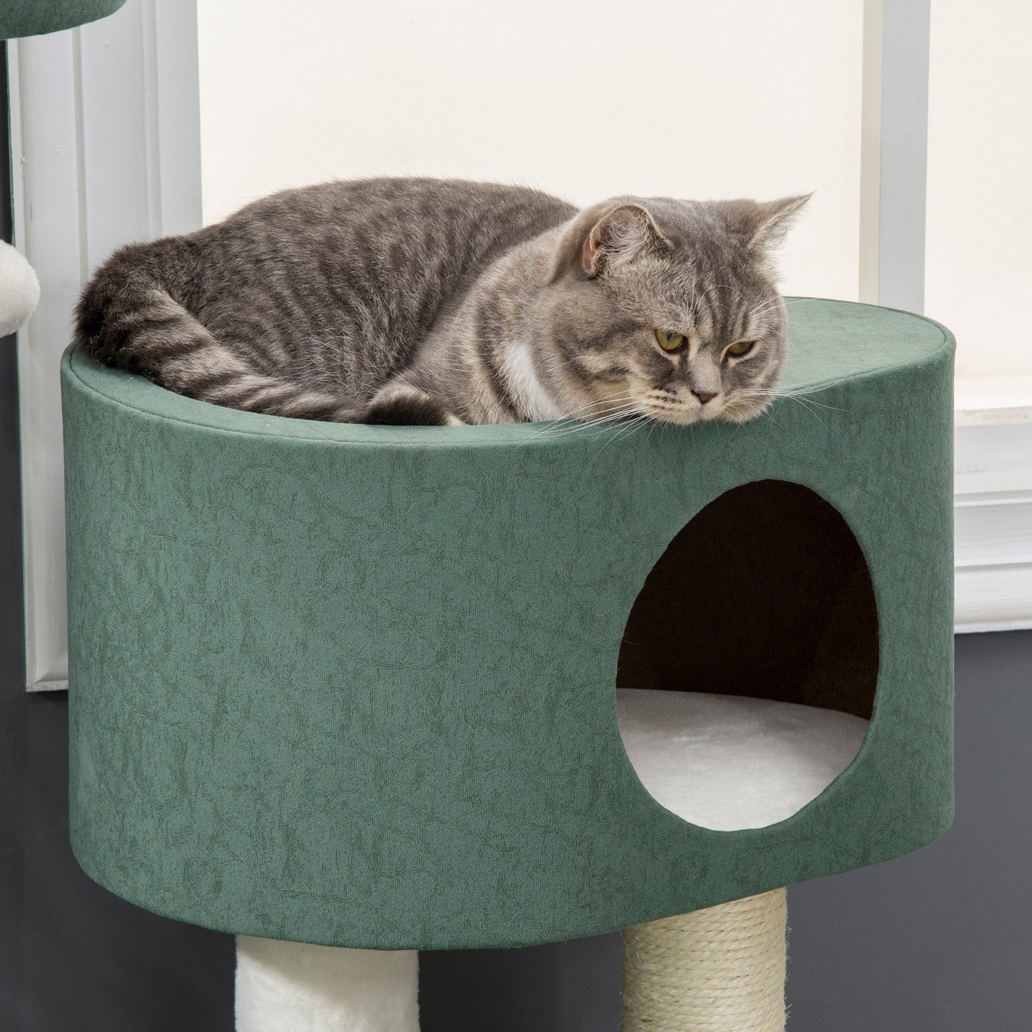 PawHut Árbol Rascador para Gatos Altura 114 cm Torre para Gatos con 2 Camas Cueva Hamaca Plataforma Escalera Bolas Colgantes y Postes de Sisal 70x50x114 cm Verde