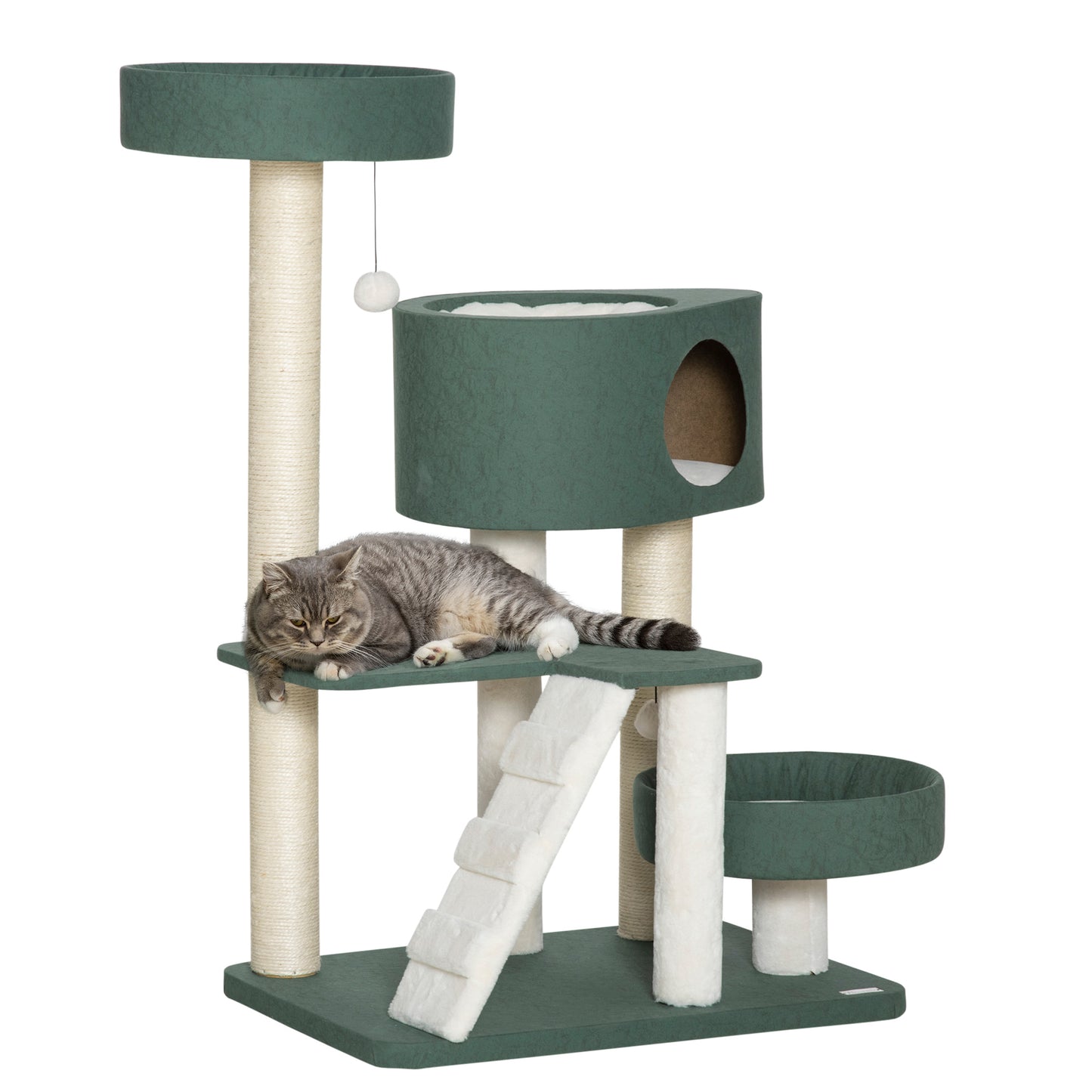 PawHut Árbol Rascador para Gatos Altura 114 cm Torre para Gatos con 2 Camas Cueva Hamaca Plataforma Escalera Bolas Colgantes y Postes de Sisal 70x50x114 cm Verde