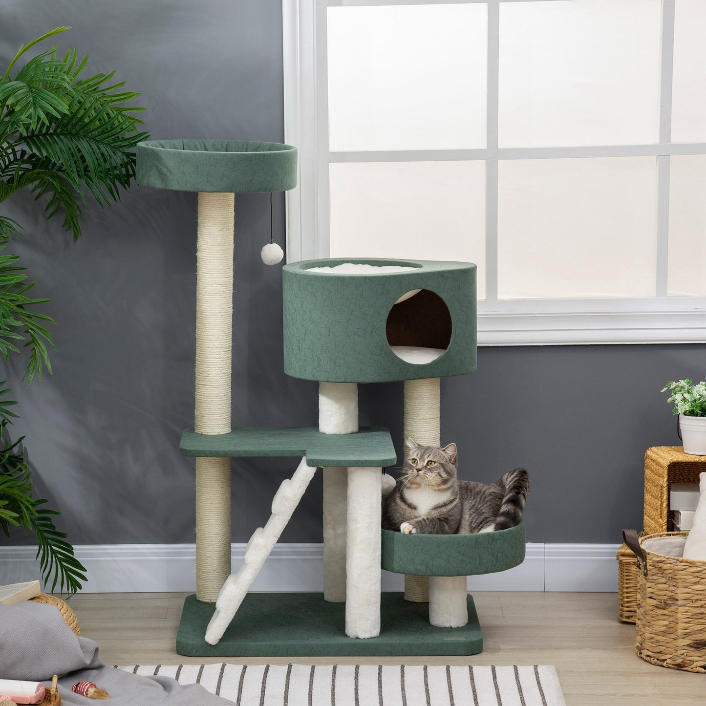 PawHut Árbol Rascador para Gatos Altura 114 cm Torre para Gatos con 2 Camas Cueva Hamaca Plataforma Escalera Bolas Colgantes y Postes de Sisal 70x50x114 cm Verde