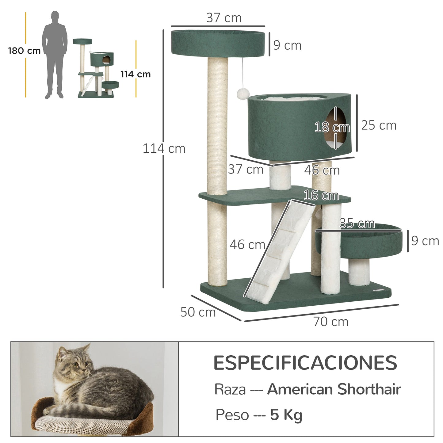 PawHut Árbol Rascador para Gatos Altura 114 cm Torre para Gatos con 2 Camas Cueva Hamaca Plataforma Escalera Bolas Colgantes y Postes de Sisal 70x50x114 cm Verde