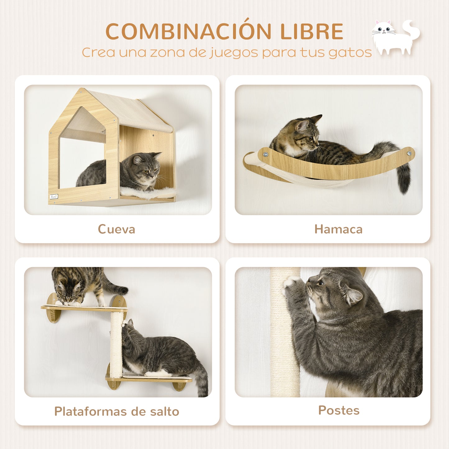 PawHut Estantes para Gatos 3 Piezas Juego de Estantes de Escalada para Gatos Muebles de Pared para Gatos con Caseta Hamaca Plataformas y Poste de Sisal Roble