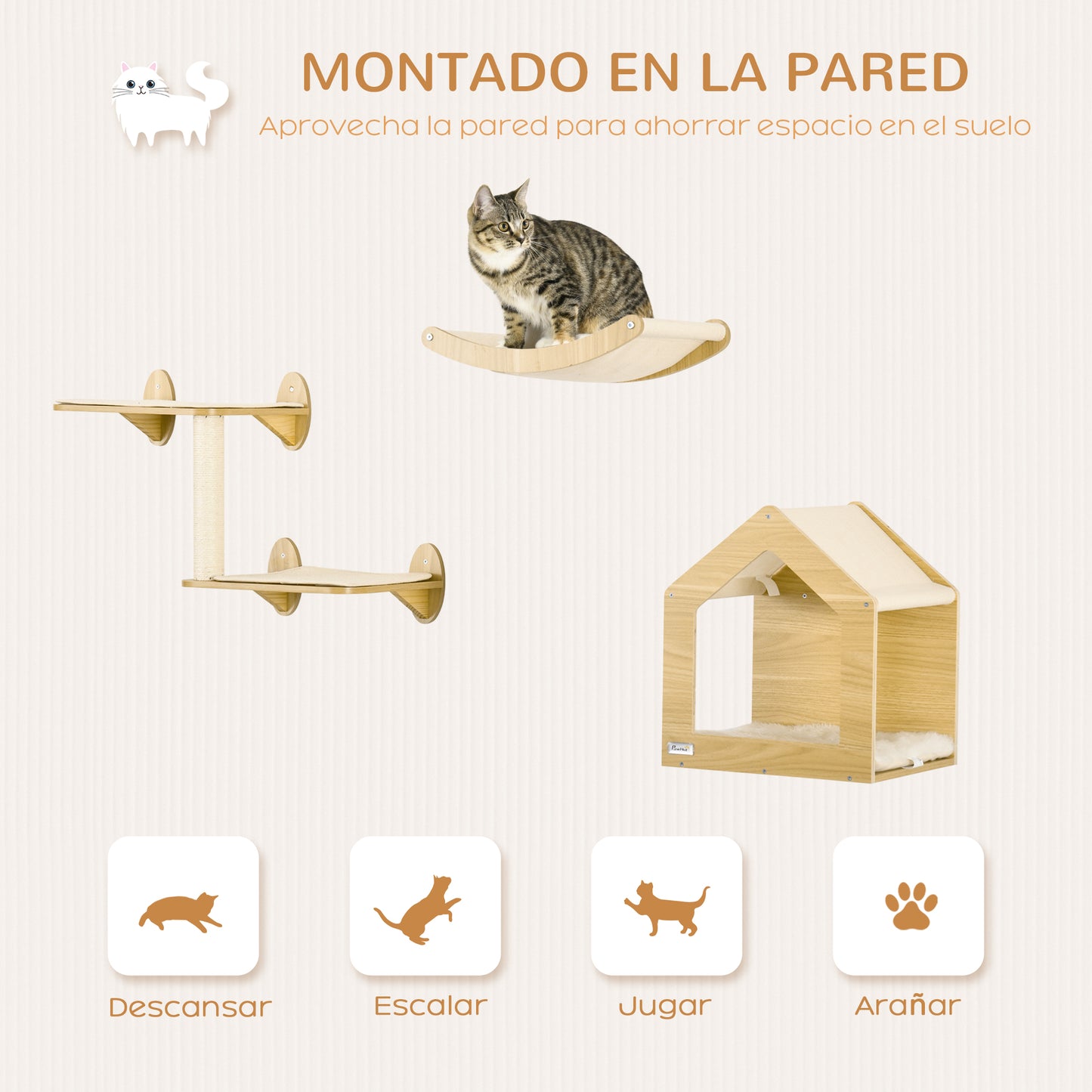 PawHut Estantes para Gatos 3 Piezas Juego de Estantes de Escalada para Gatos Muebles de Pared para Gatos con Caseta Hamaca Plataformas y Poste de Sisal Roble