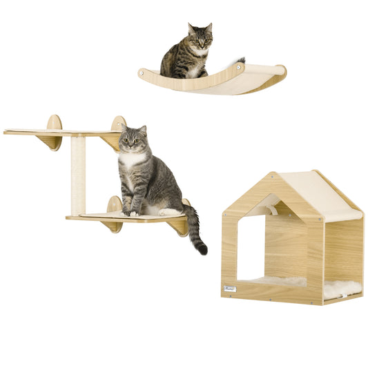 PawHut Estantes para Gatos 3 Piezas Juego de Estantes de Escalada para Gatos Muebles de Pared para Gatos con Caseta Hamaca Plataformas y Poste de Sisal Roble