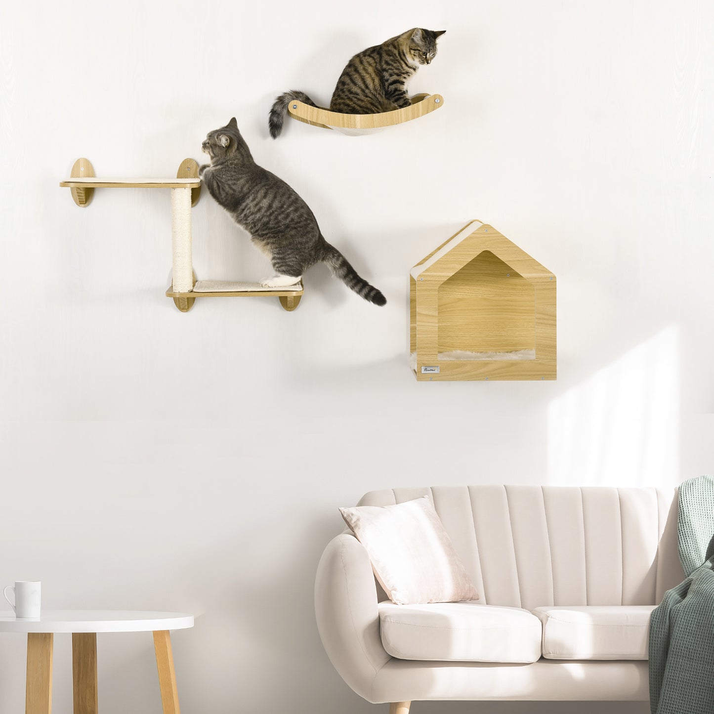 PawHut Estantes para Gatos 3 Piezas Juego de Estantes de Escalada para Gatos Muebles de Pared para Gatos con Caseta Hamaca Plataformas y Poste de Sisal Roble