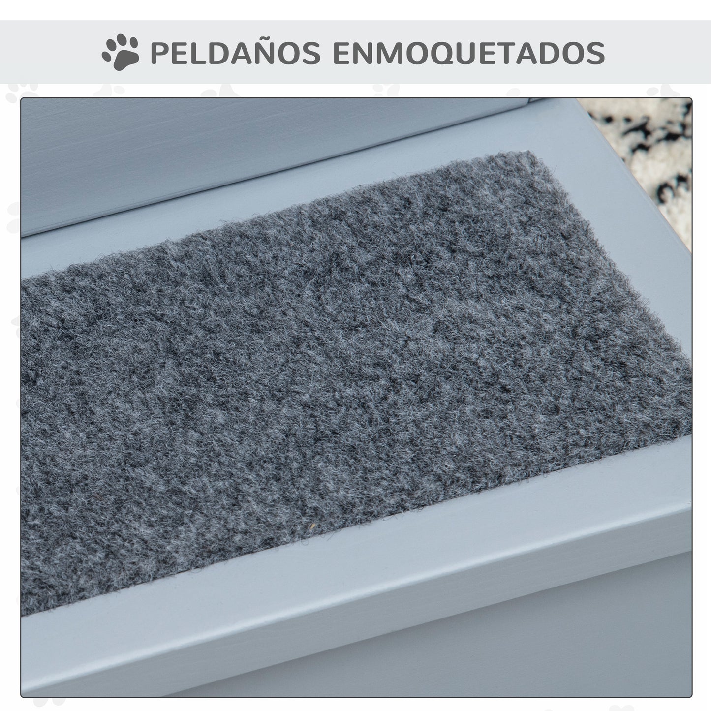 PawHut Escalera para Mascotas 3 Peldaños con Espacio de Almacenaje y Alfombra Antideslizantes Portátil Madera para Vehículo Carga 30 kg 40,5x44,5x38 cm Gris