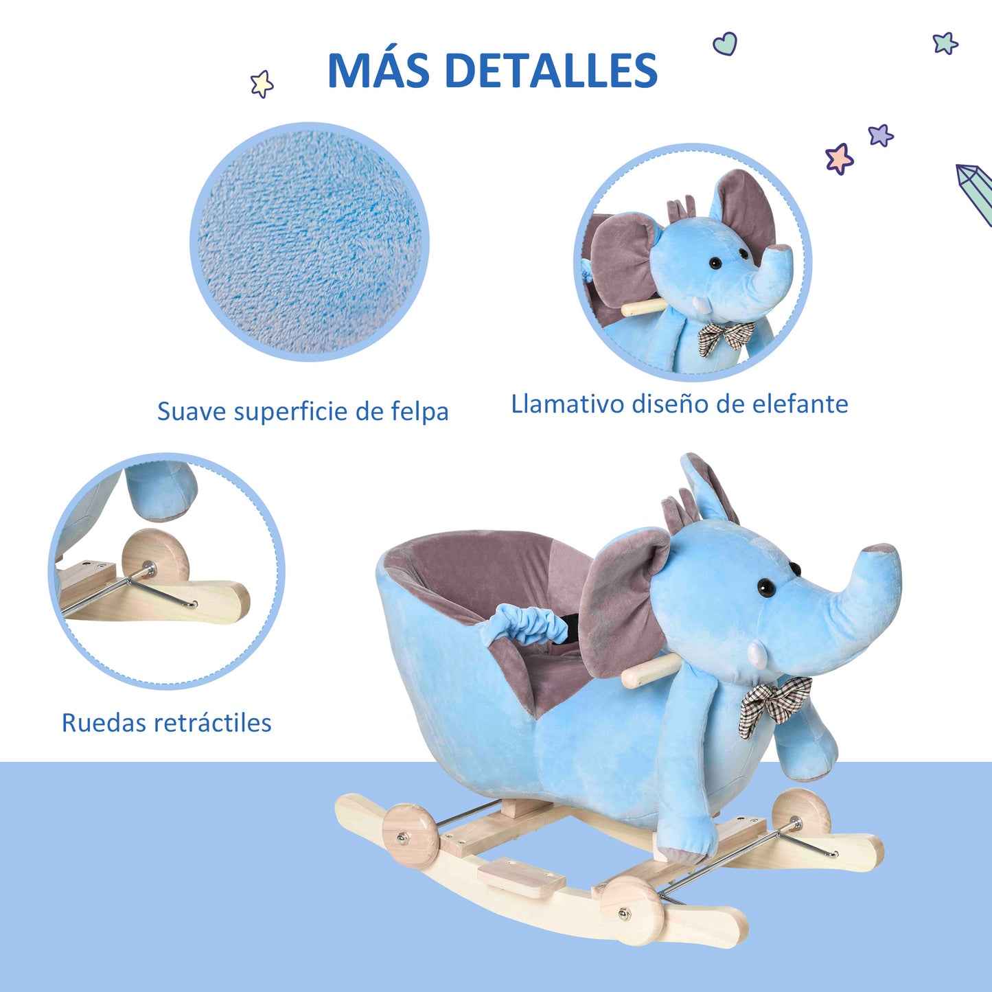 HOMCOM Caballito Balancín con Ruedas Forma de Elefante Caballo Balancín para Bebés de +18 Meses con Músicas Infantiles y Cinturón de Seguridad Carga 60 kg 60x35x45 cm Azul