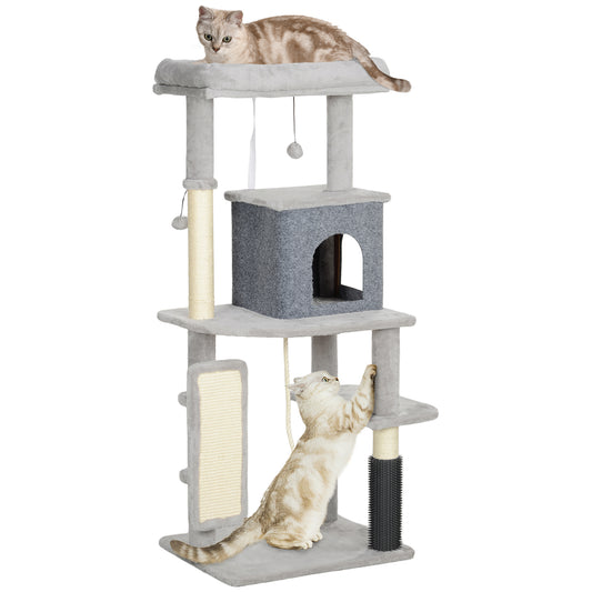 PawHut Árbol Rascador para Gatos Altura 132 cm Árbol para Gatos Torre para Gatos con Plataformas Poste con Cepillo Bolas Colgantes y Almohadilla para Rascar Gris Claro