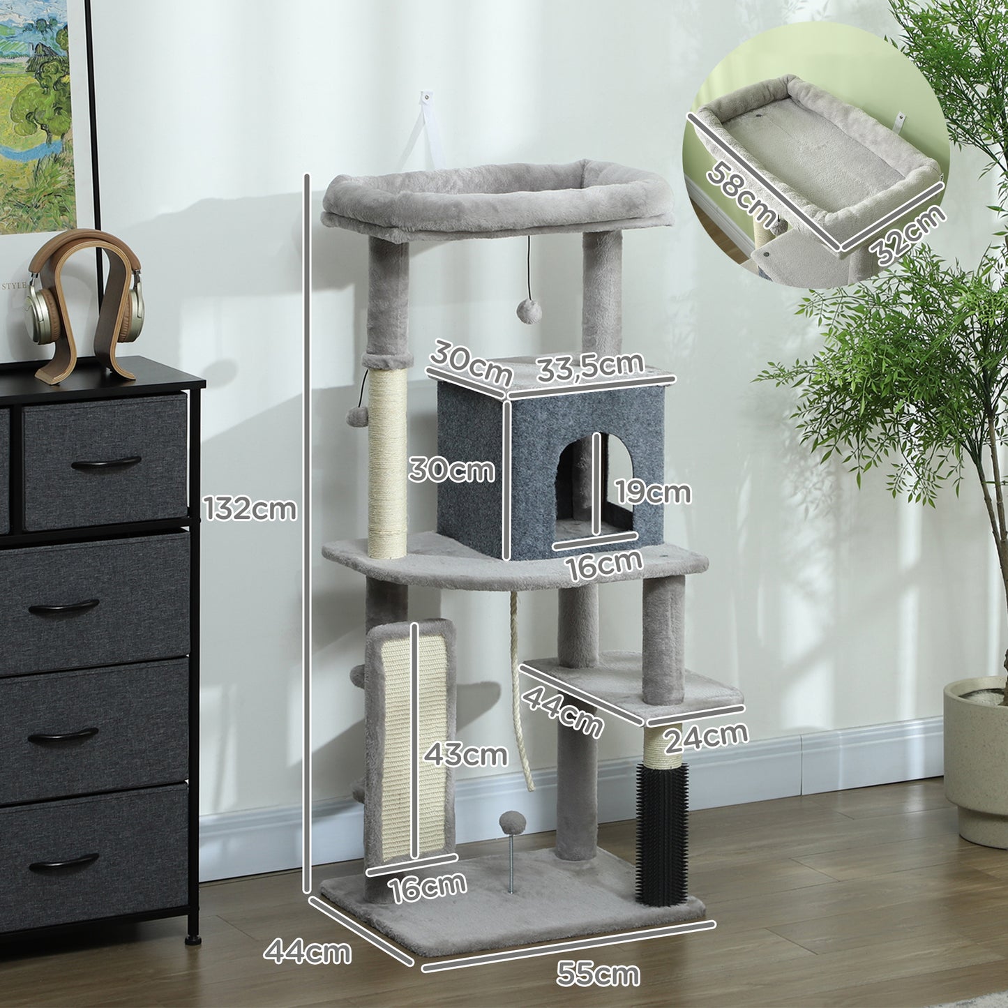 PawHut Árbol Rascador para Gatos Altura 132 cm Árbol para Gatos Torre para Gatos con Plataformas Poste con Cepillo Bolas Colgantes y Almohadilla para Rascar Gris Claro