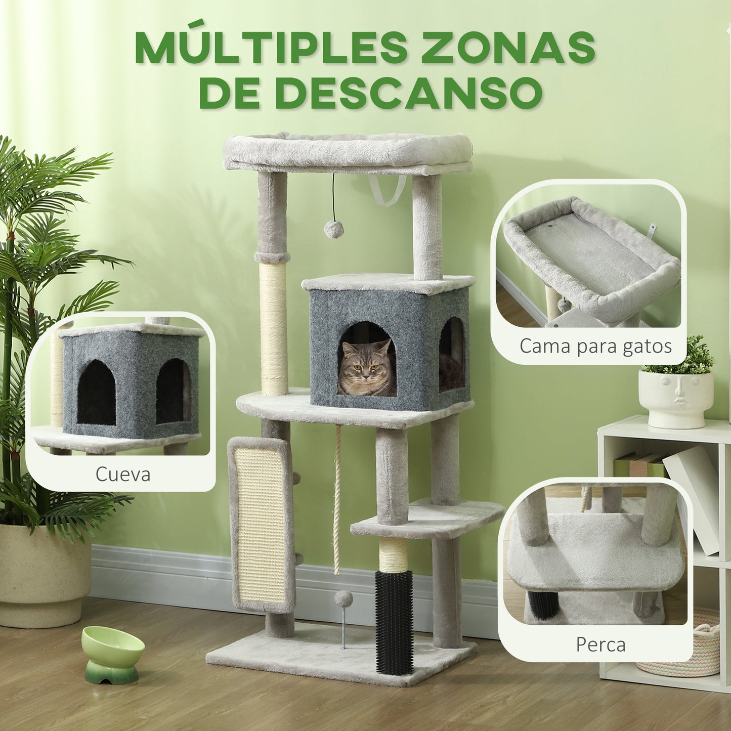 PawHut Árbol Rascador para Gatos Altura 132 cm Árbol para Gatos Torre para Gatos con Plataformas Poste con Cepillo Bolas Colgantes y Almohadilla para Rascar Gris Claro