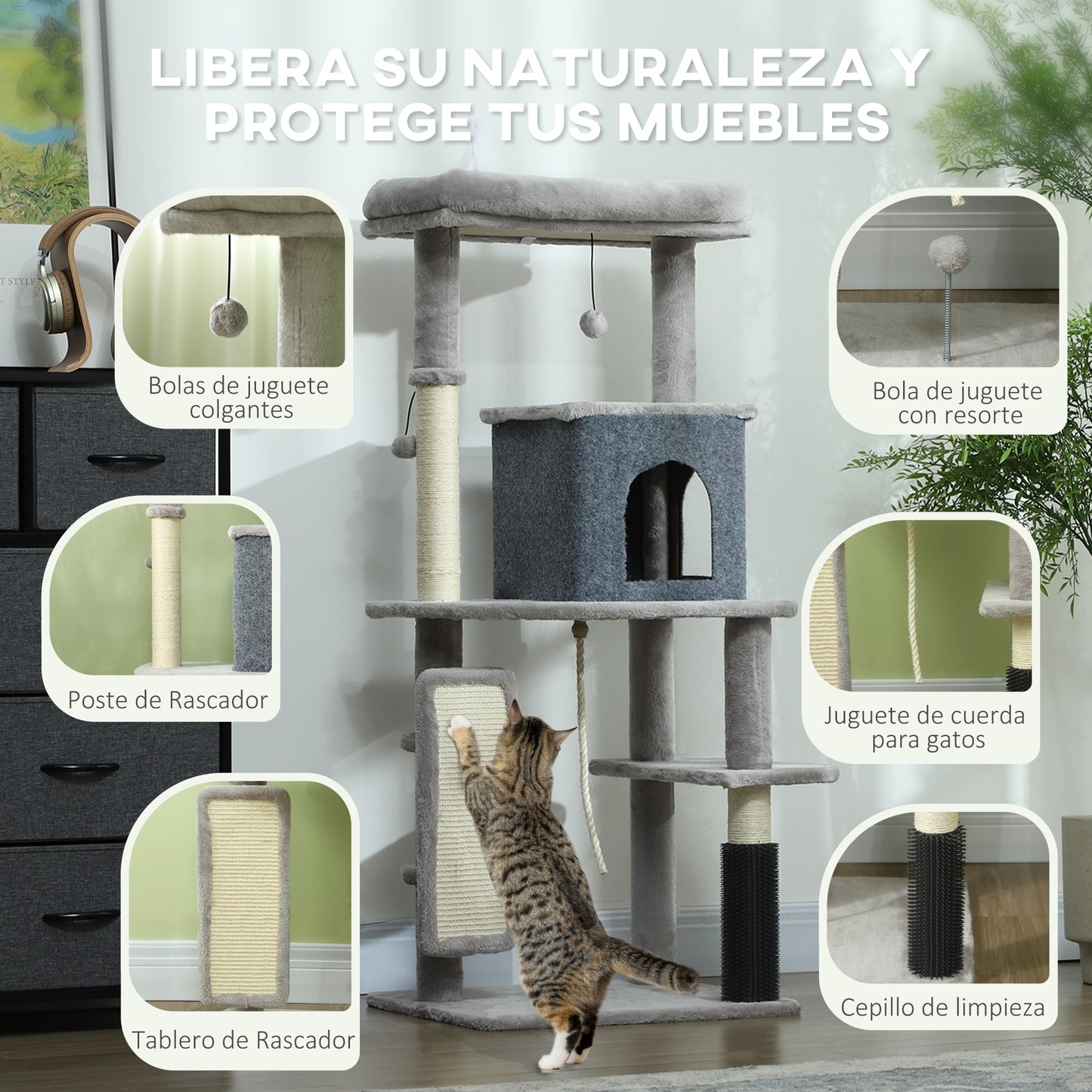 PawHut Árbol Rascador para Gatos Altura 132 cm Árbol para Gatos Torre para Gatos con Plataformas Poste con Cepillo Bolas Colgantes y Almohadilla para Rascar Gris Claro