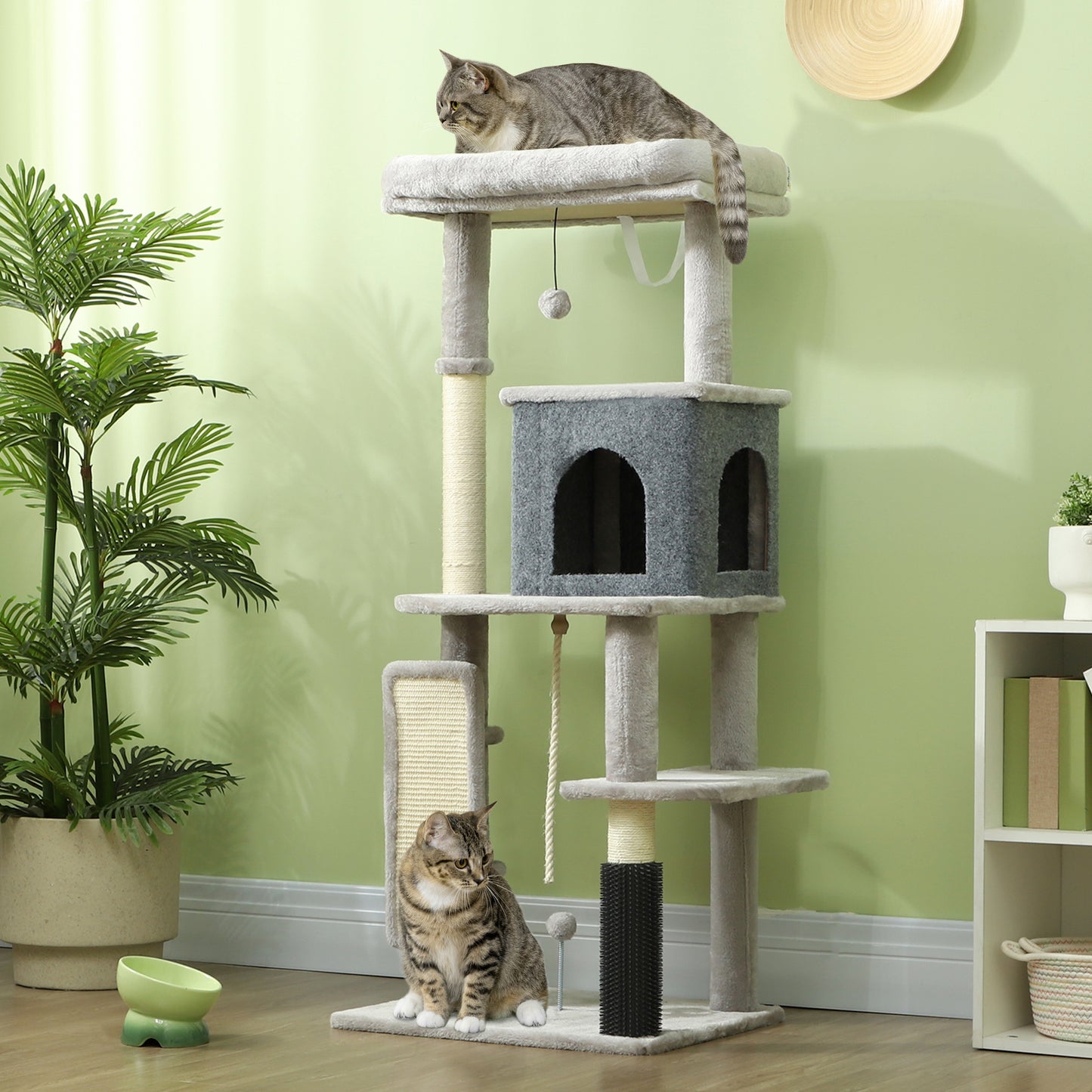 PawHut Árbol Rascador para Gatos Altura 132 cm Árbol para Gatos Torre para Gatos con Plataformas Poste con Cepillo Bolas Colgantes y Almohadilla para Rascar Gris Claro