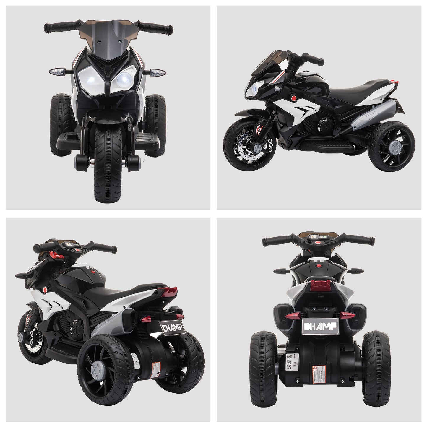 HOMCOM Moto Eléctrica Infantil con 3 Ruedas Trimoto para Niños de +3 Años con Batería 6V Recargable Funciones de Música Bocina Faros 86x42x52 cm Negro y Blanco