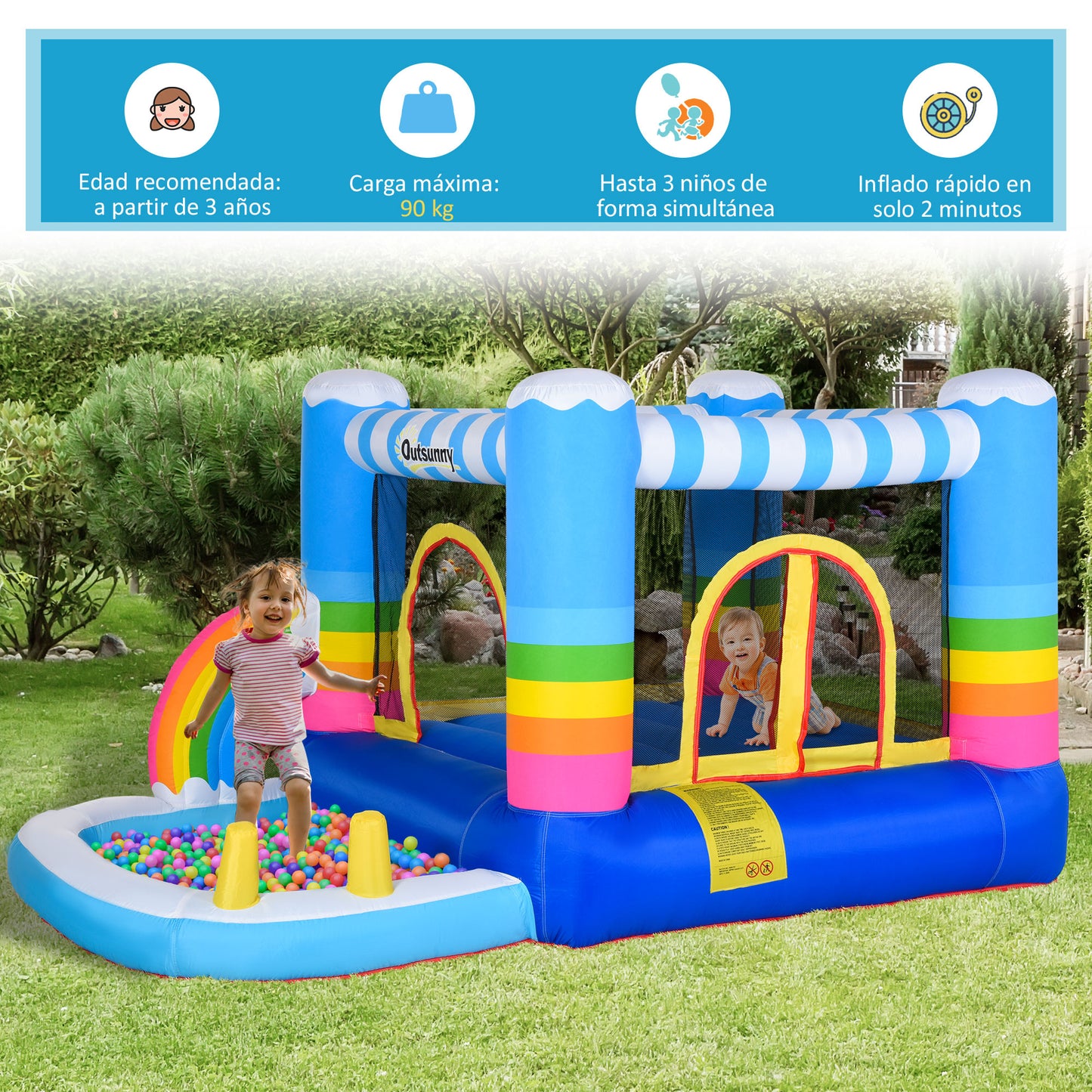 Outsunny Castillo Hinchable con Cama de Salto y Piscina para Niños de +3 Años Incluye Inflador y Bolsa de Transporte para Interior Exterior 280x170x155 cm Multicolor