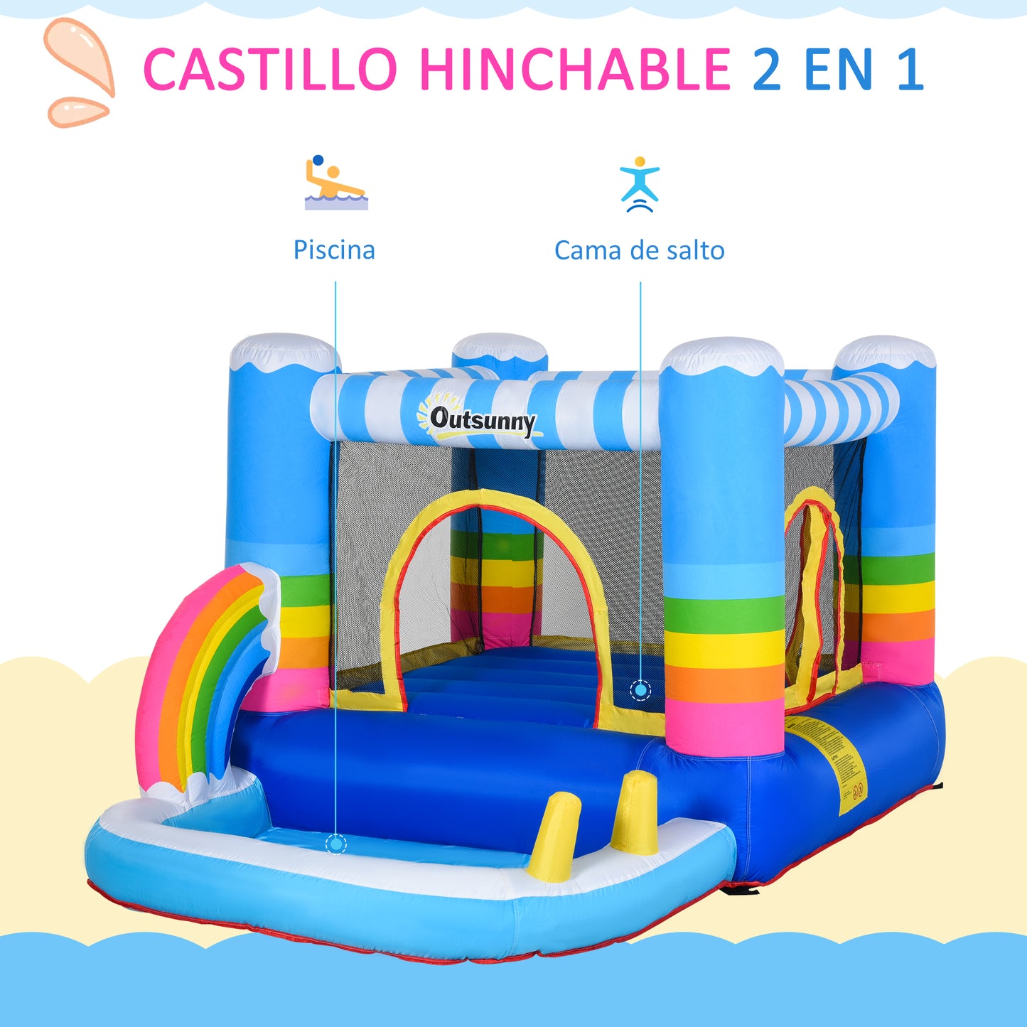 Outsunny Castillo Hinchable con Cama de Salto y Piscina para Niños de +3 Años Incluye Inflador y Bolsa de Transporte para Interior Exterior 280x170x155 cm Multicolor