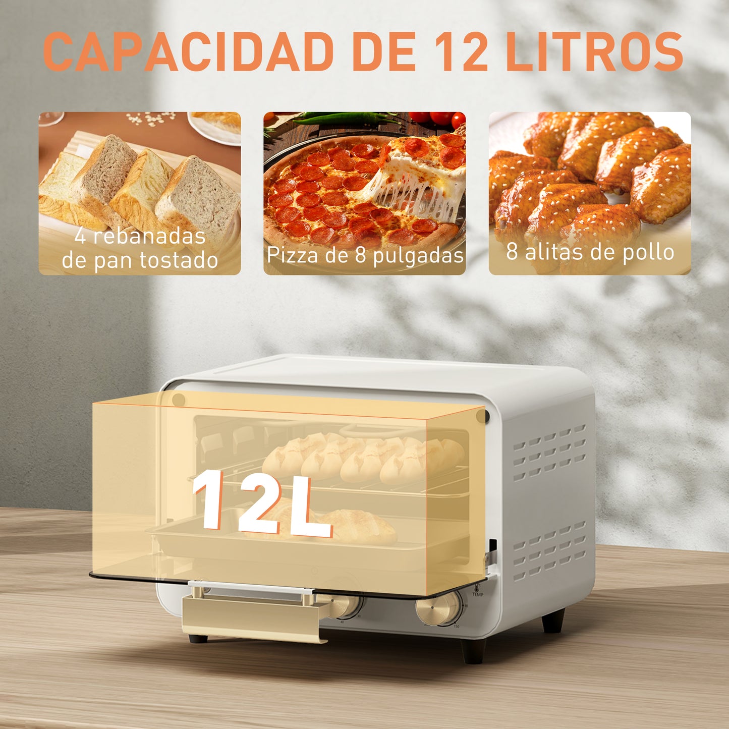 HOMCOM Horno Eléctrico de Sobremesa Horno Sobremesa de 12L 750W Horno Eléctrico con Puerta de Vidrio Temporizador y Temperatura Ajustables hasta 230℃ Blanco