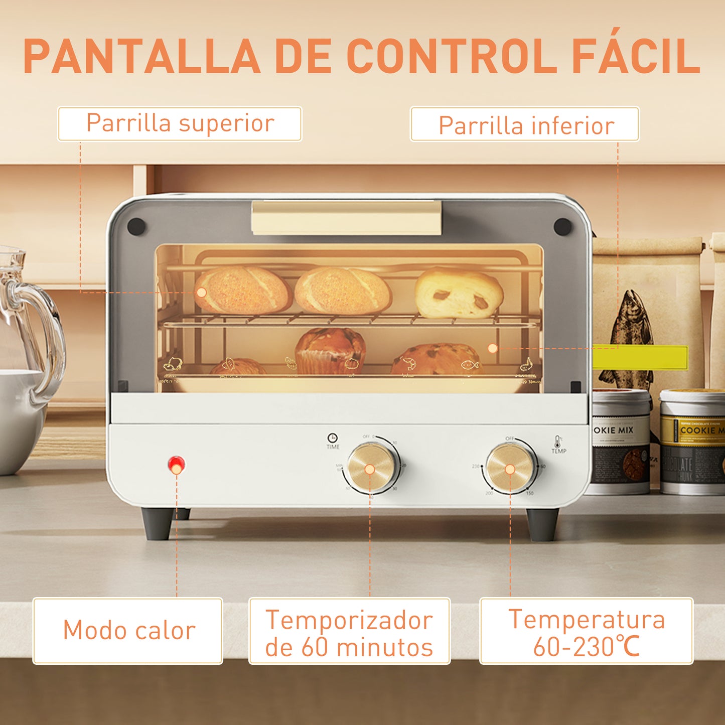 HOMCOM Horno Eléctrico de Sobremesa Horno Sobremesa de 12L 750W Horno Eléctrico con Puerta de Vidrio Temporizador y Temperatura Ajustables hasta 230℃ Blanco