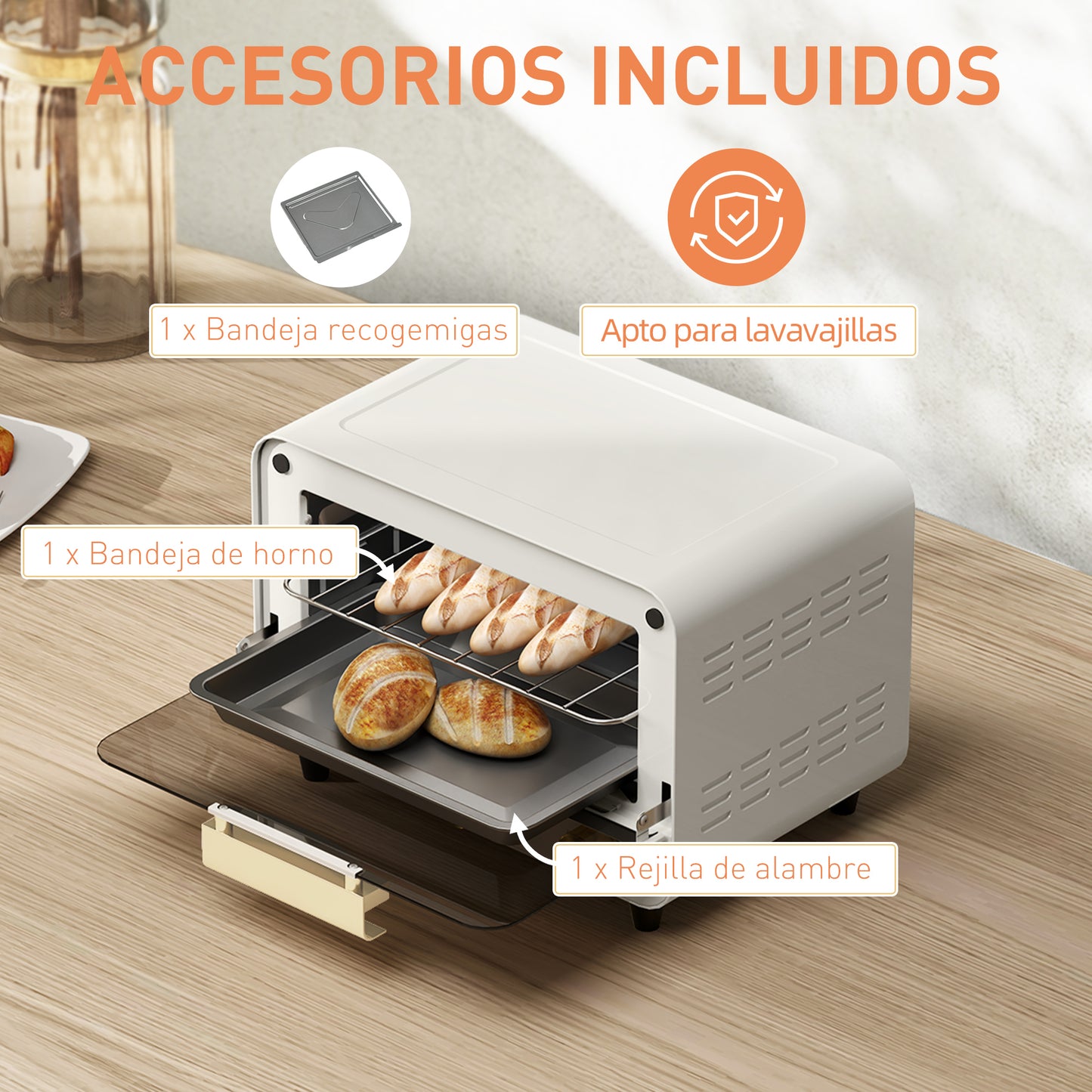 HOMCOM Horno Eléctrico de Sobremesa Horno Sobremesa de 12L 750W Horno Eléctrico con Puerta de Vidrio Temporizador y Temperatura Ajustables hasta 230℃ Blanco