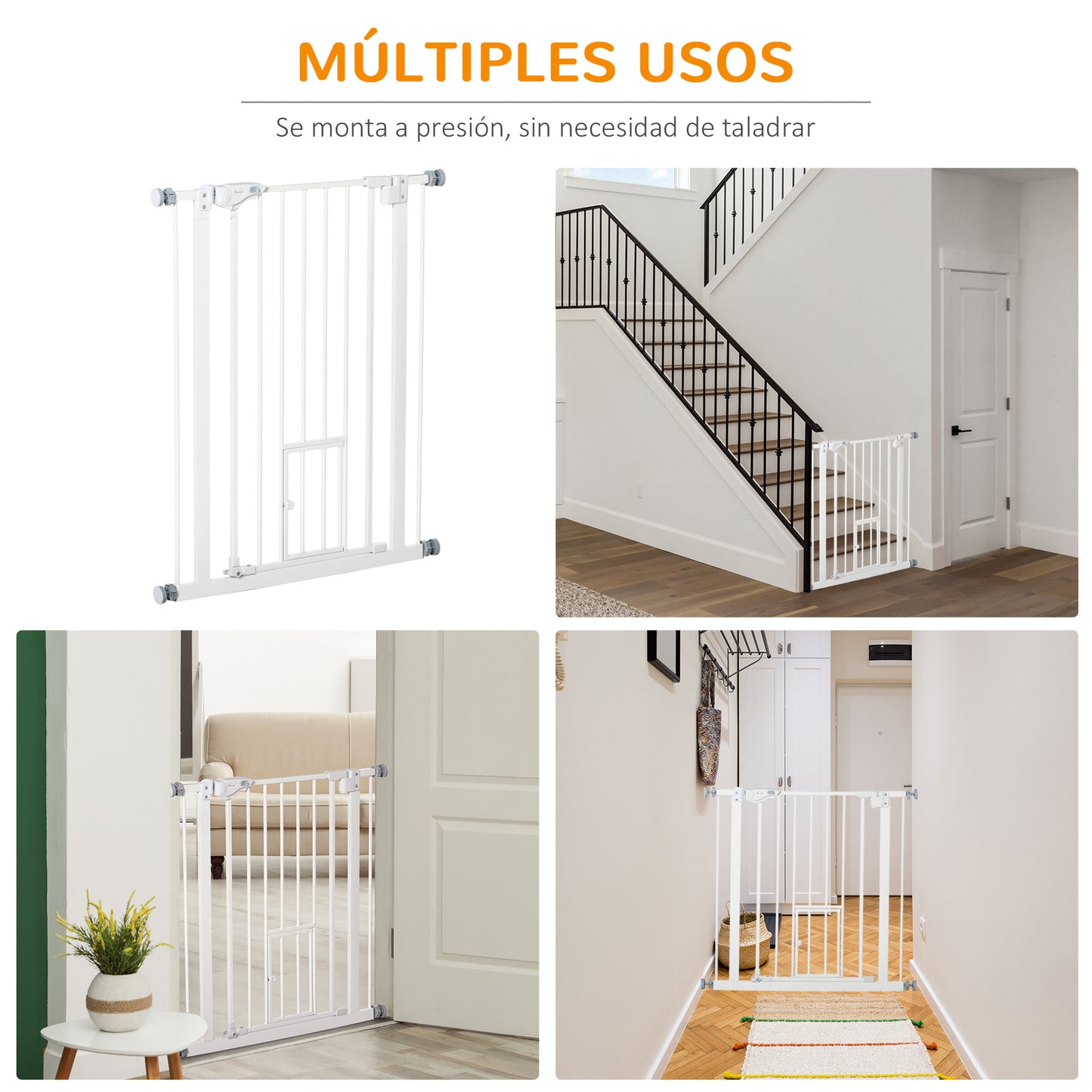 PawHut Barrera de Seguridad para Perros Barrera para Mascotas Extensible con Puerta Pequeño Cierre Automático y Sistema de Doble Bloqueo para Puerta Pasillo Escalera 74-80x91,4 cm Blanco