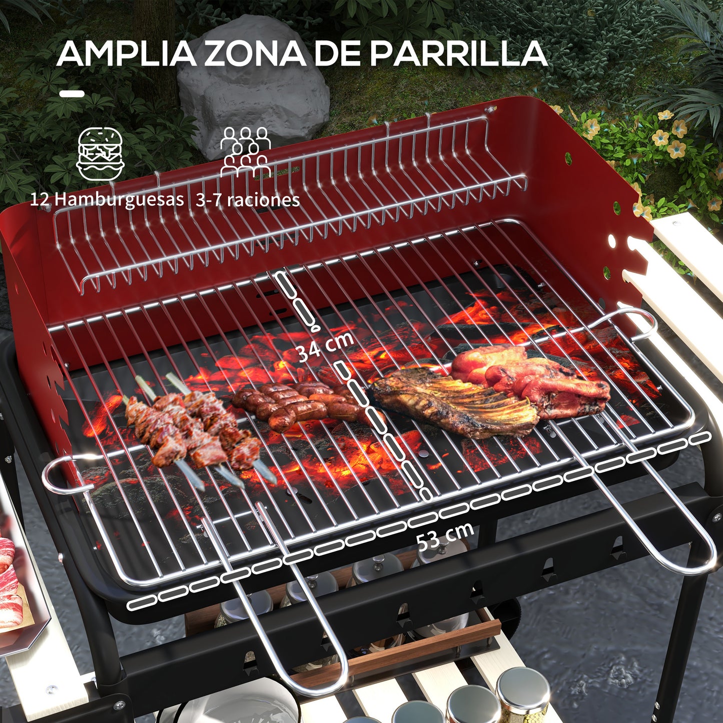 Outsunny Barbacoa de Carbón con Ruedas Barbacoa Portátil con Parrilla Ajustable en Altura Estantes y 6 Ganchos para Picnic Camping 103x47x95 cm Rojo y Negro