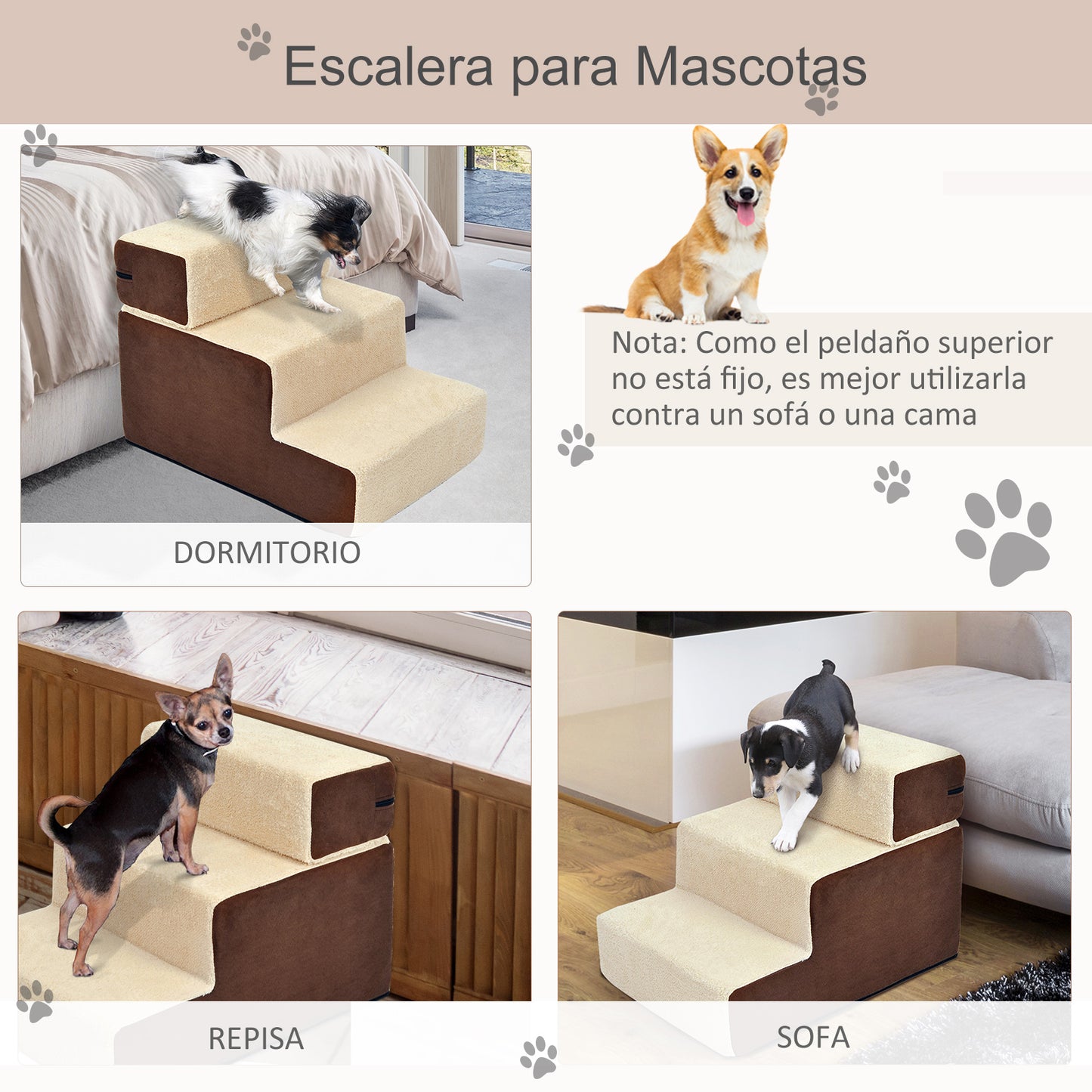 PawHut Escalera para Mascotas Perros Gatos de 3 Peldaños Desmontable y Funda Extraíble Portátil Carga 15 kg 54x40x39 cm Marrón y Beige