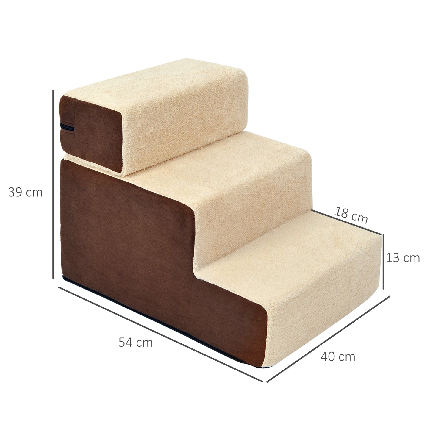 PawHut Escalera para Mascotas Perros Gatos de 3 Peldaños Desmontable y Funda Extraíble Portátil Carga 15 kg 54x40x39 cm Marrón y Beige