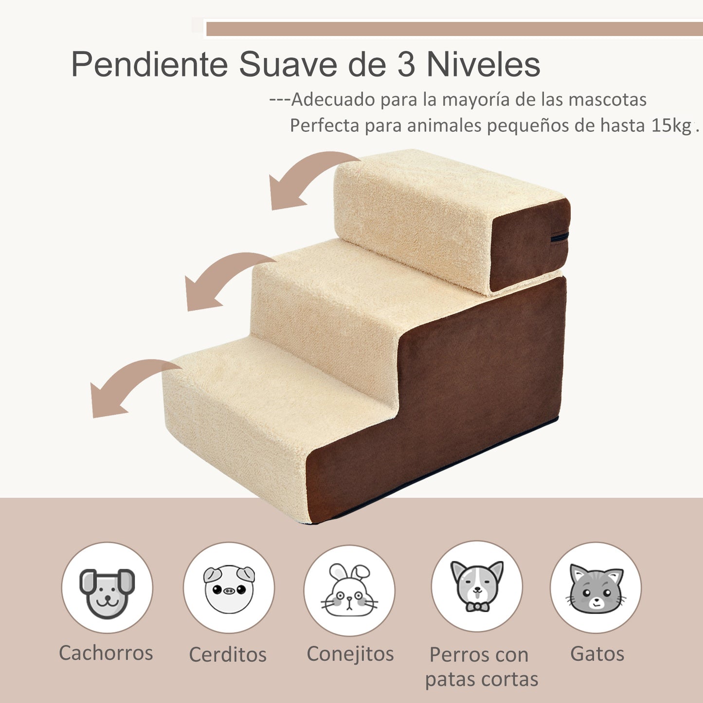 PawHut Escalera para Mascotas Perros Gatos de 3 Peldaños Desmontable y Funda Extraíble Portátil Carga 15 kg 54x40x39 cm Marrón y Beige